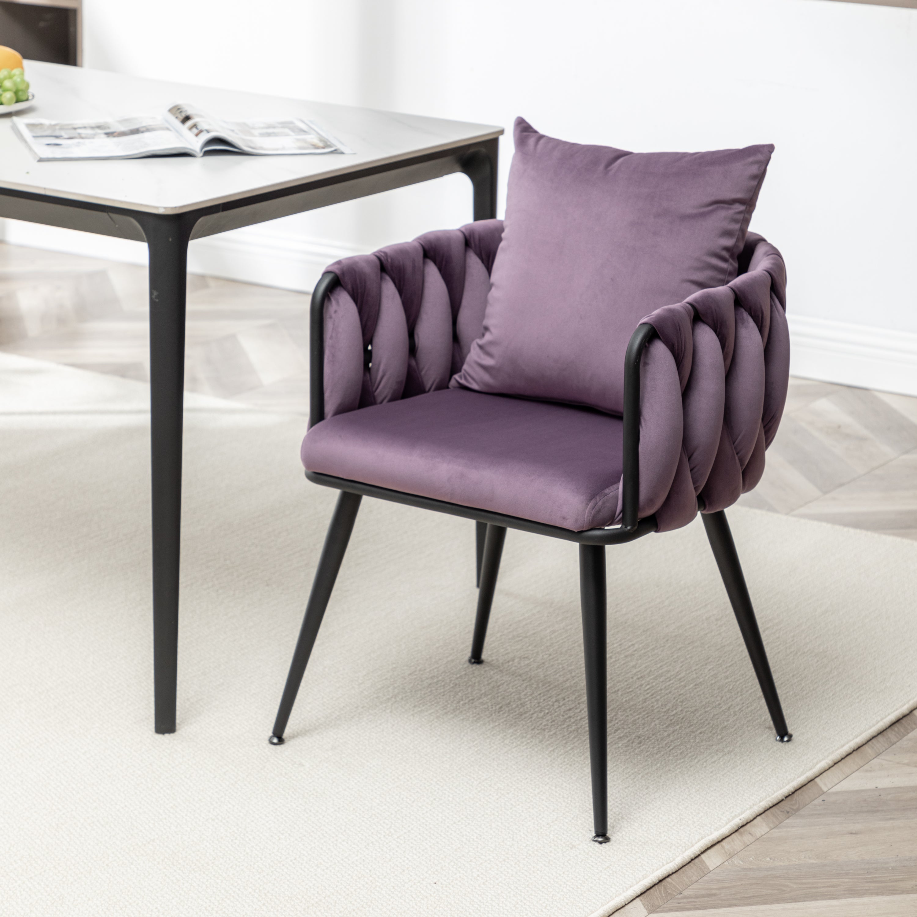 Dark Purple Velvet Dining Chairs Set of 2 - Modern Hand-Woven Upholstered Accent Chairs with Black Metal Legs for Living Room, Kitchen, Dining Room & Vanity - Perfect for Entertaining, Relaxing & Home Decor