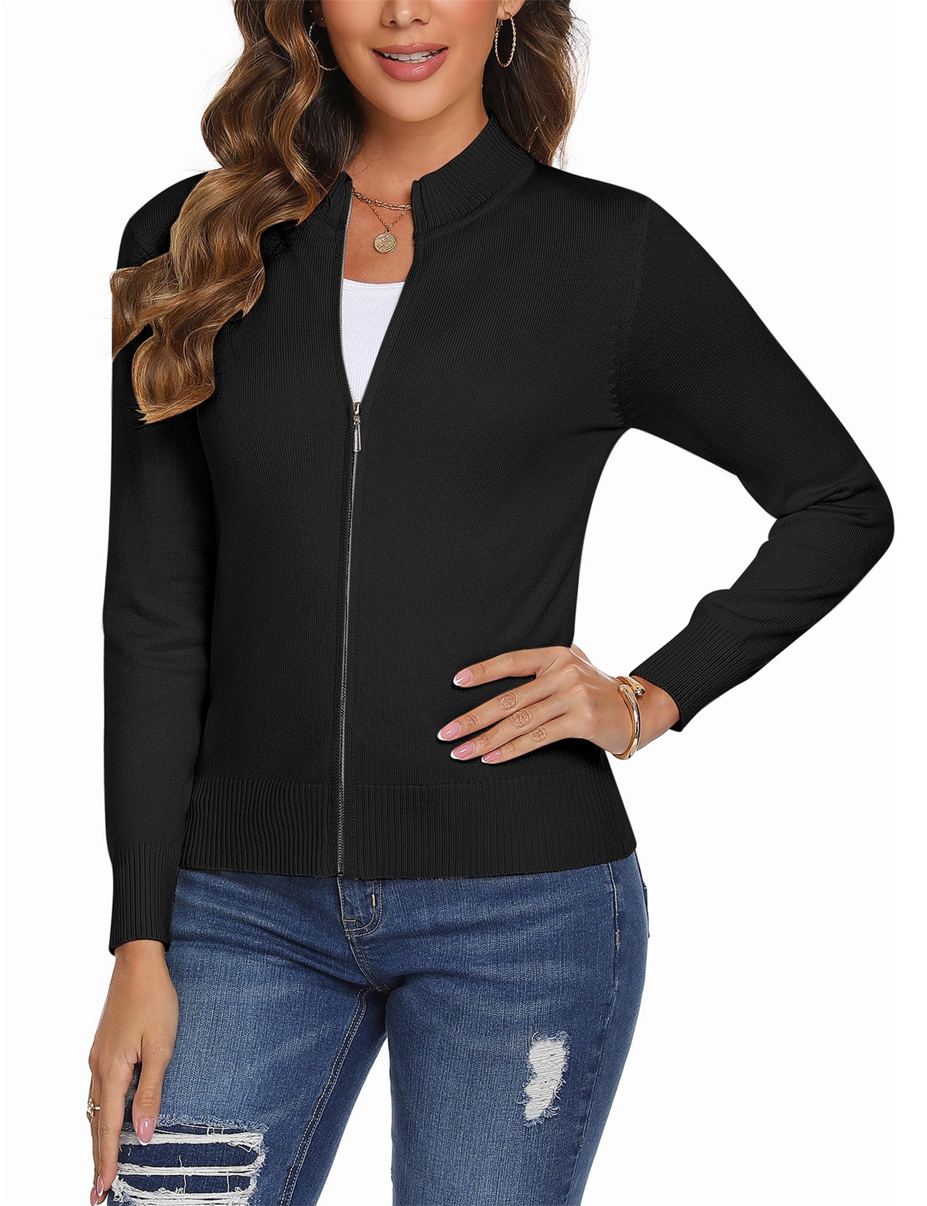 Women's Lightweight Knit Zip-Up Cardigan Sweater - Long Sleeve Casual Zipper Jacket for Fall & Winter | Perfect for Office, Travel and Everyday Wear