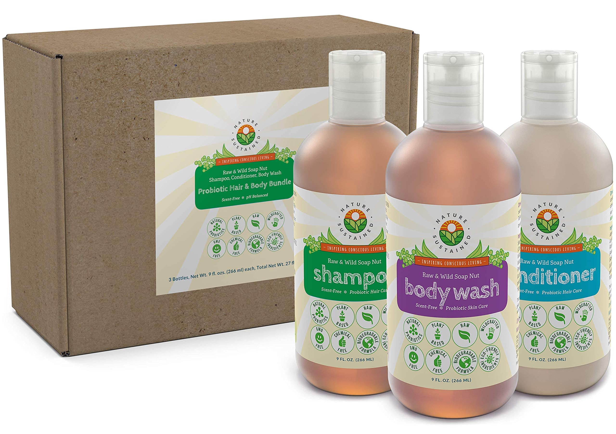 Natural Probiotic Soapberry Body Wash & Shampoo Set (3-Pack) | pH Balanced, Unscented for Dry Hair & Sensitive Skin | Gentle Cleansing for Daily Hair & Body Care | 9oz Bottles