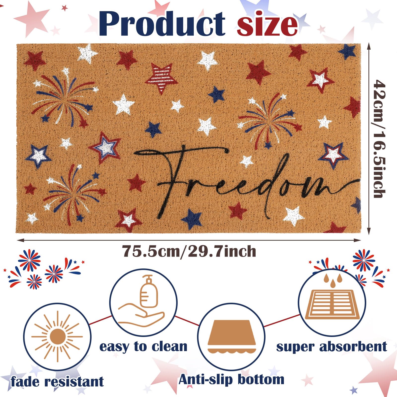 4th of July Patriotic Welcome Rug - 30 x 17 Inch Non-Slip Star Bathroom Mat for Front Door Entrance, Farmhouse Rustic Independence Day Decor - Perfect for Home, Porch, and Outdoor Celebrations (Freedom Theme)