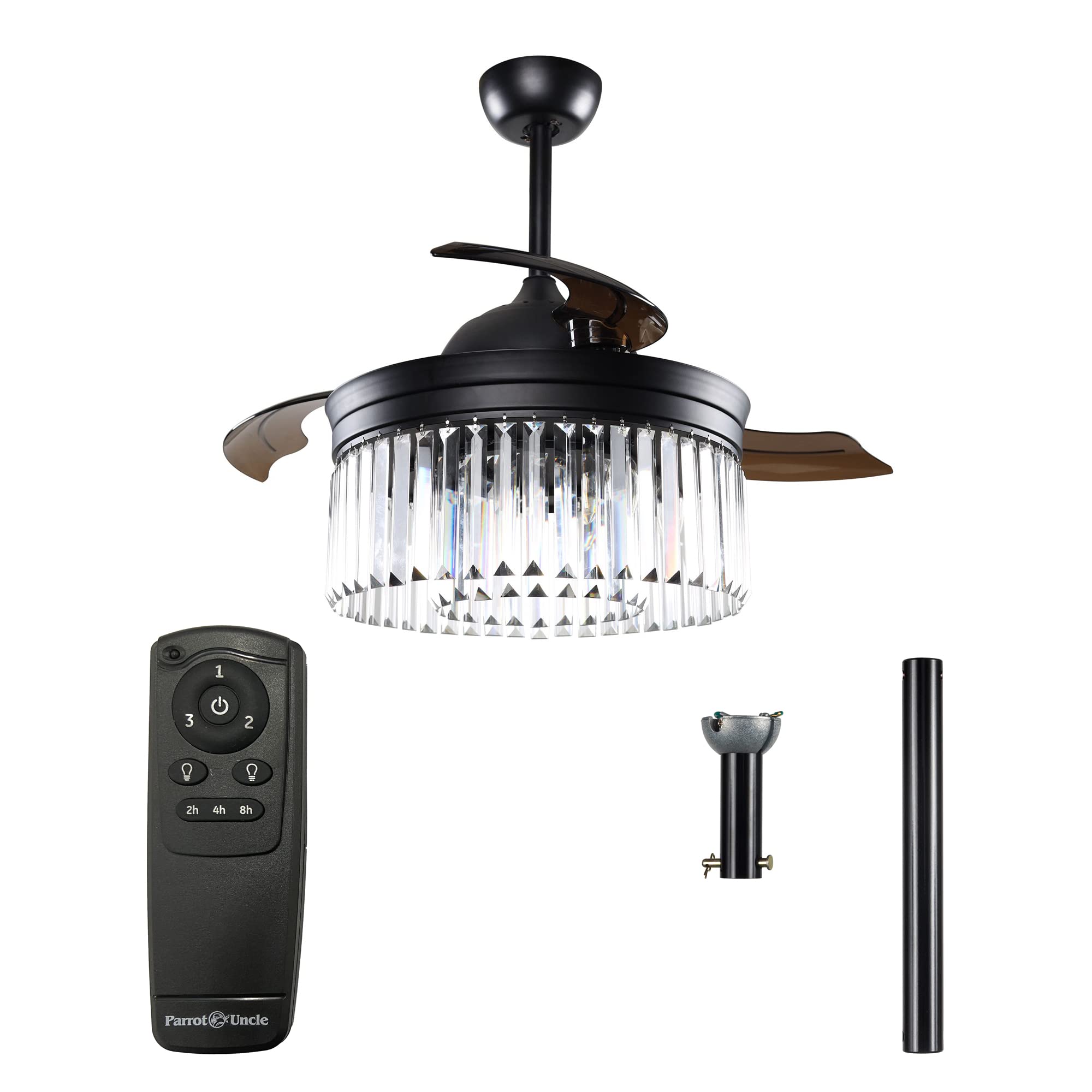 Parrot Uncle 42 Inch Black Ceiling Fan with Lights & Remote Control - Retractable Blade Chandelier Fan for Bedroom, Living Room & Dining Room | Modern Cooling & Lighting Solution
