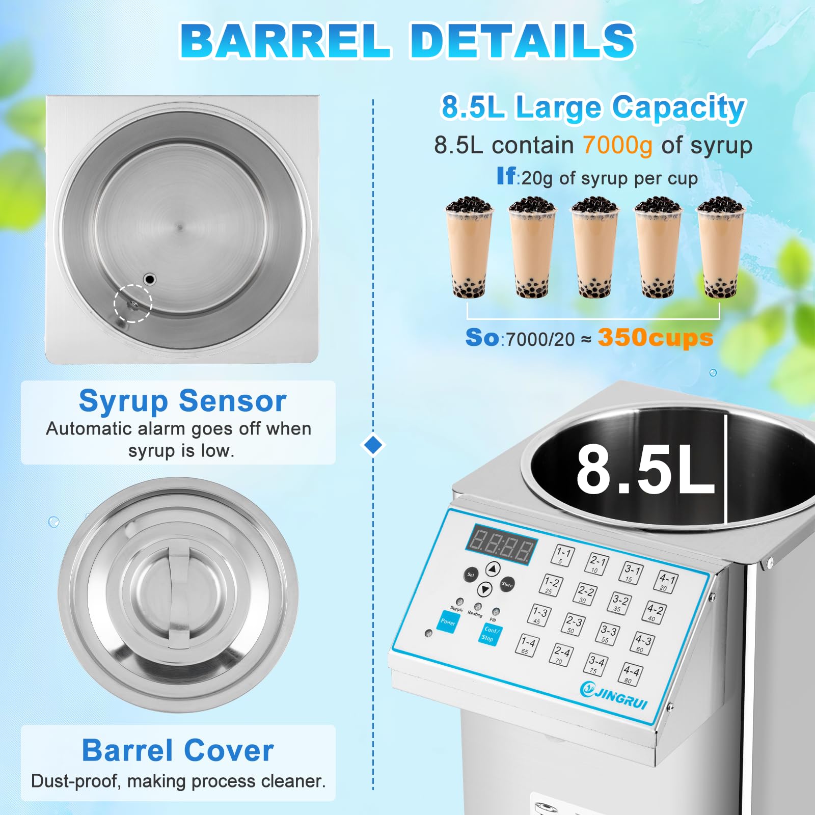 YJINGRUI 8.5L Commercial Fructose Dispenser - Brushed Stainless Steel Syrup Machine with 16 Groups (110V) - Perfect for Coffee Shops, Bubble Tea Stores & Dessert Bars