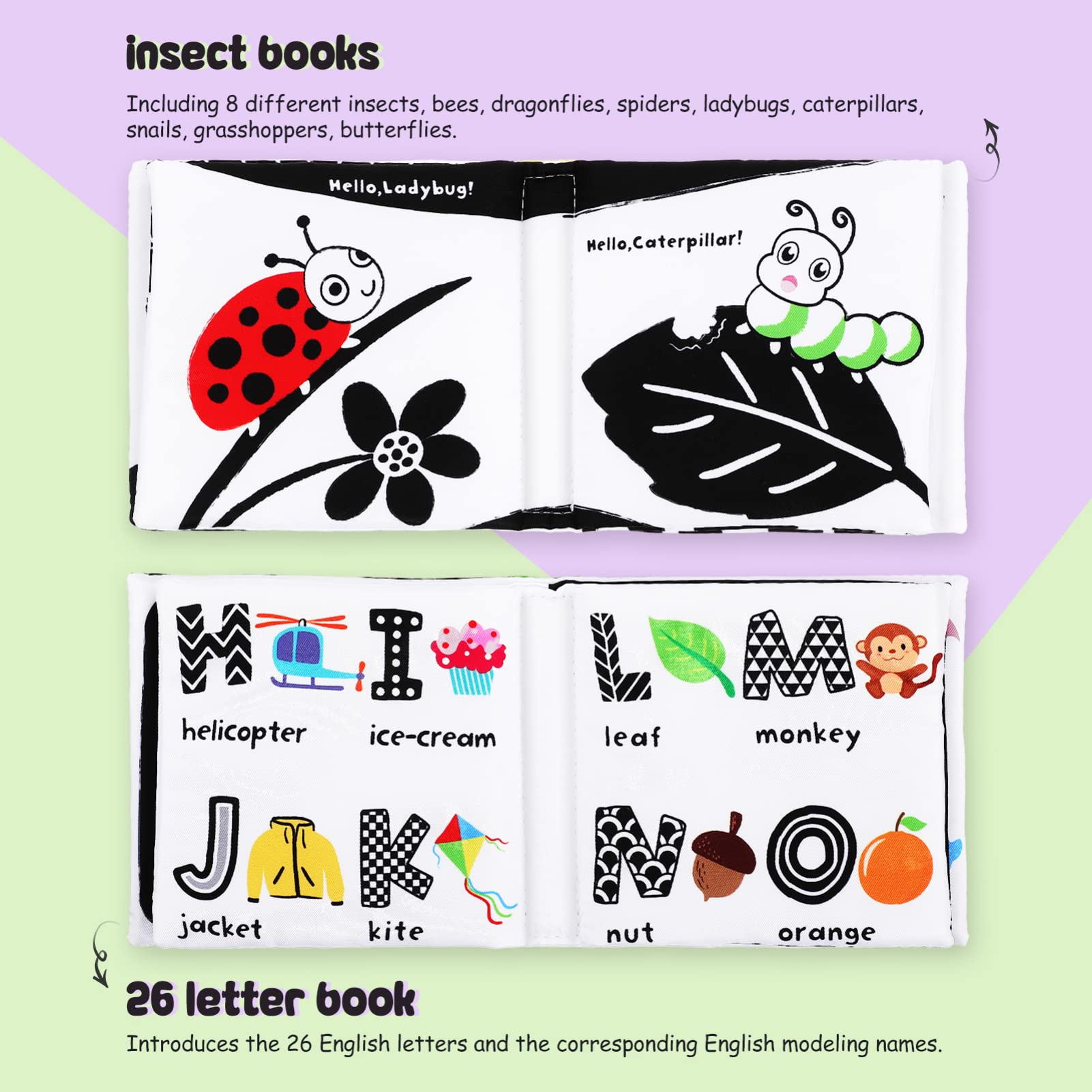 Toyvian 2 Pack Black & White High Contrast Baby Soft Cloth Books - Crinkle Sensory Activity for Early Learning (0-12 Months) | Perfect Newborn Educational Toys for Boys & Girls | Great for Tummy Time & Nursery Play