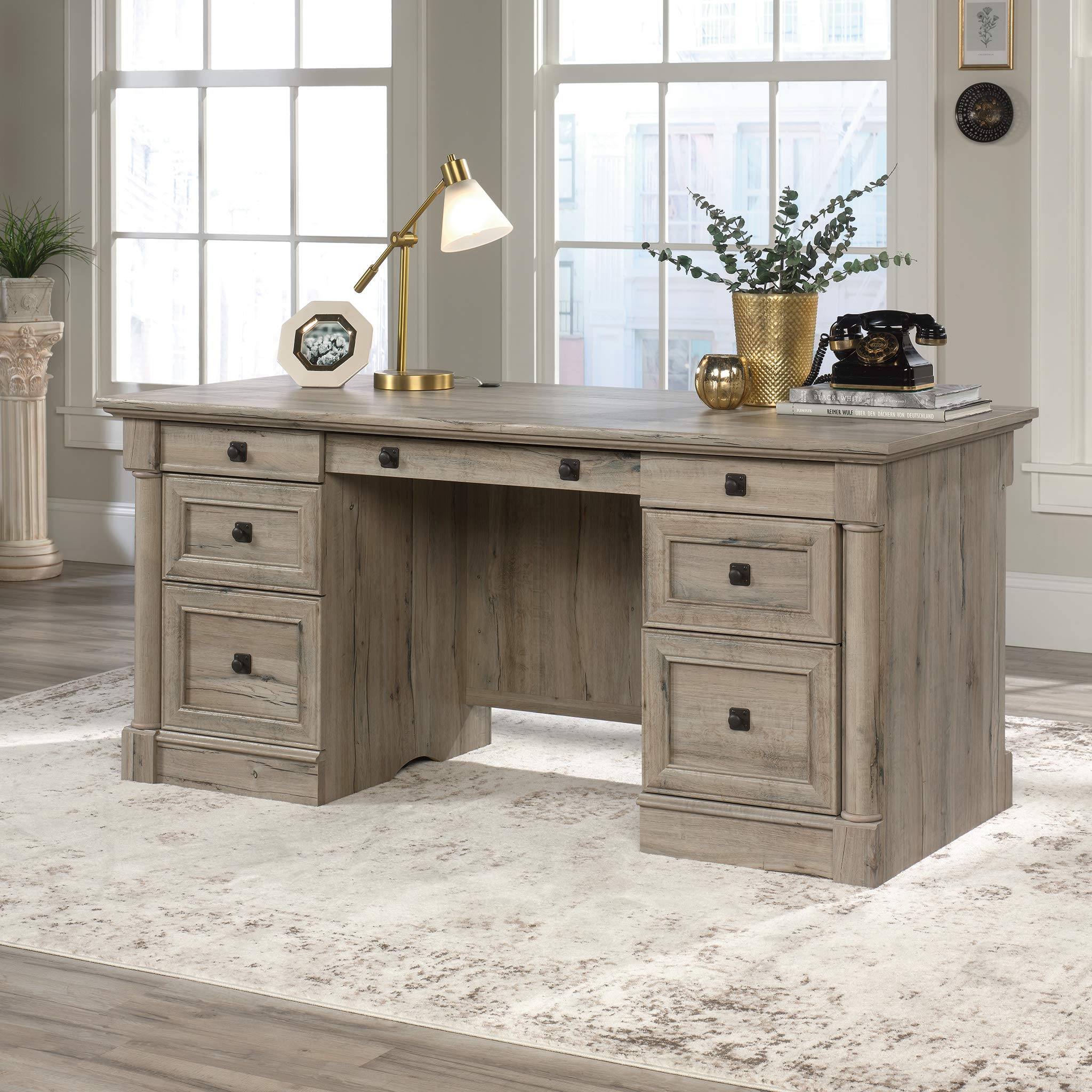 Sauder Palladia Executive Office Desk with Drawers & File Cabinet Storage - Split Oak Finish - Cable Management & Keyboard Tray - Perfect for Home Office & Professional Workspaces