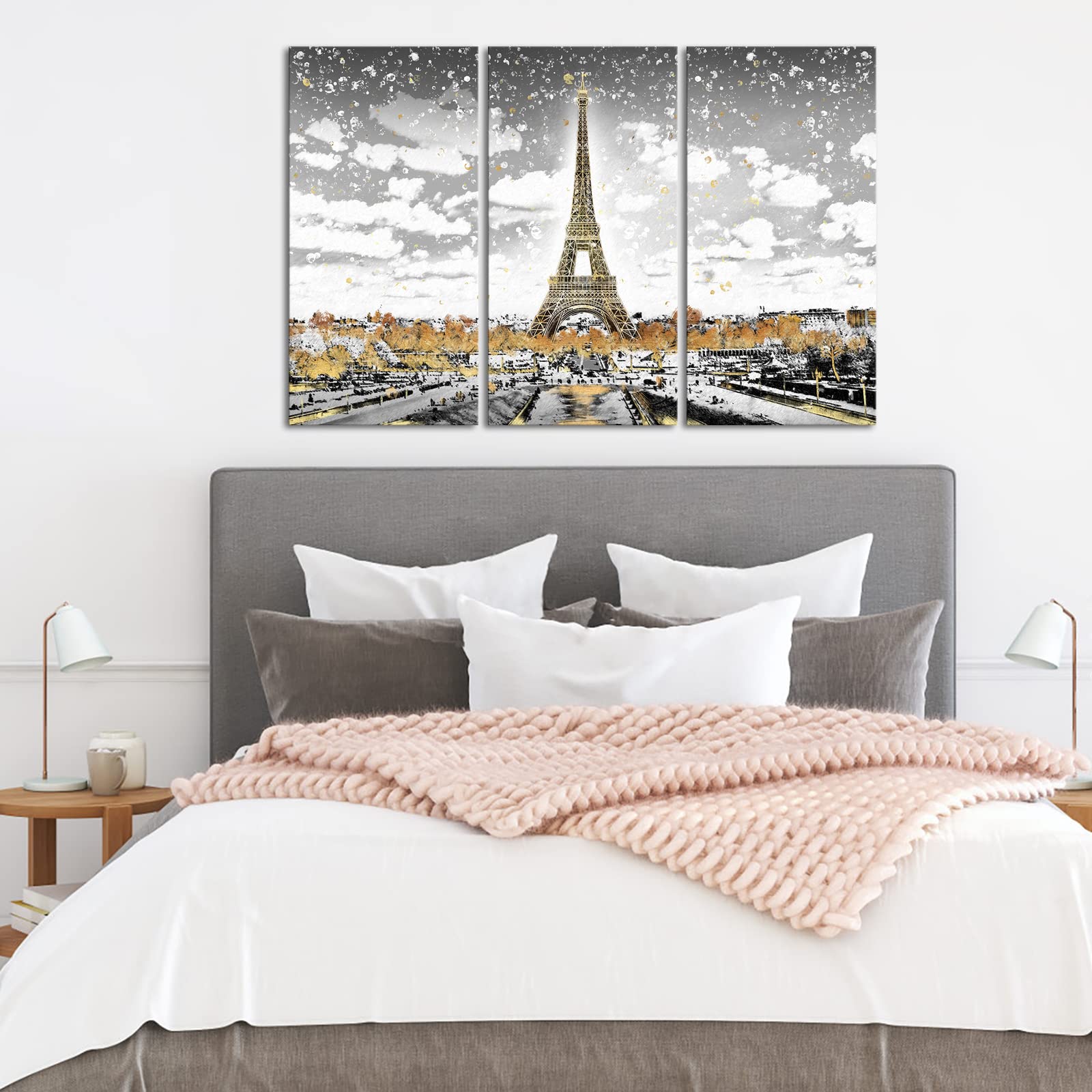 RnnJoile Paris Canvas Art - Gold Eiffel Tower Landscape Painting, France Wall Decor for Bedroom, Framed Artwork - Perfect for Home Decor, Living Room & Office Wall Art