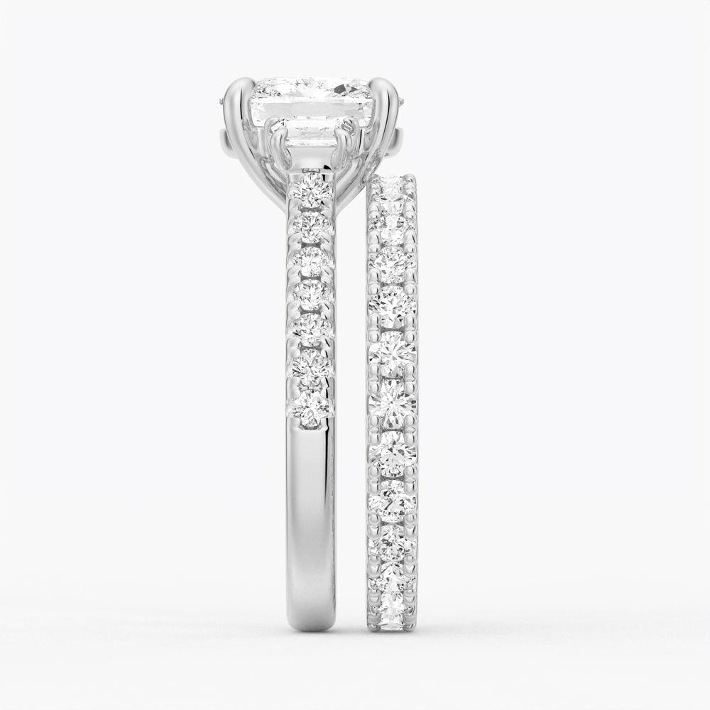 Three Stone Cushion & Half Moon Moissanite Engagement Ring with Pavé Band - Elegant Wedding Jewelry for Proposals, Anniversaries & Special Occasions