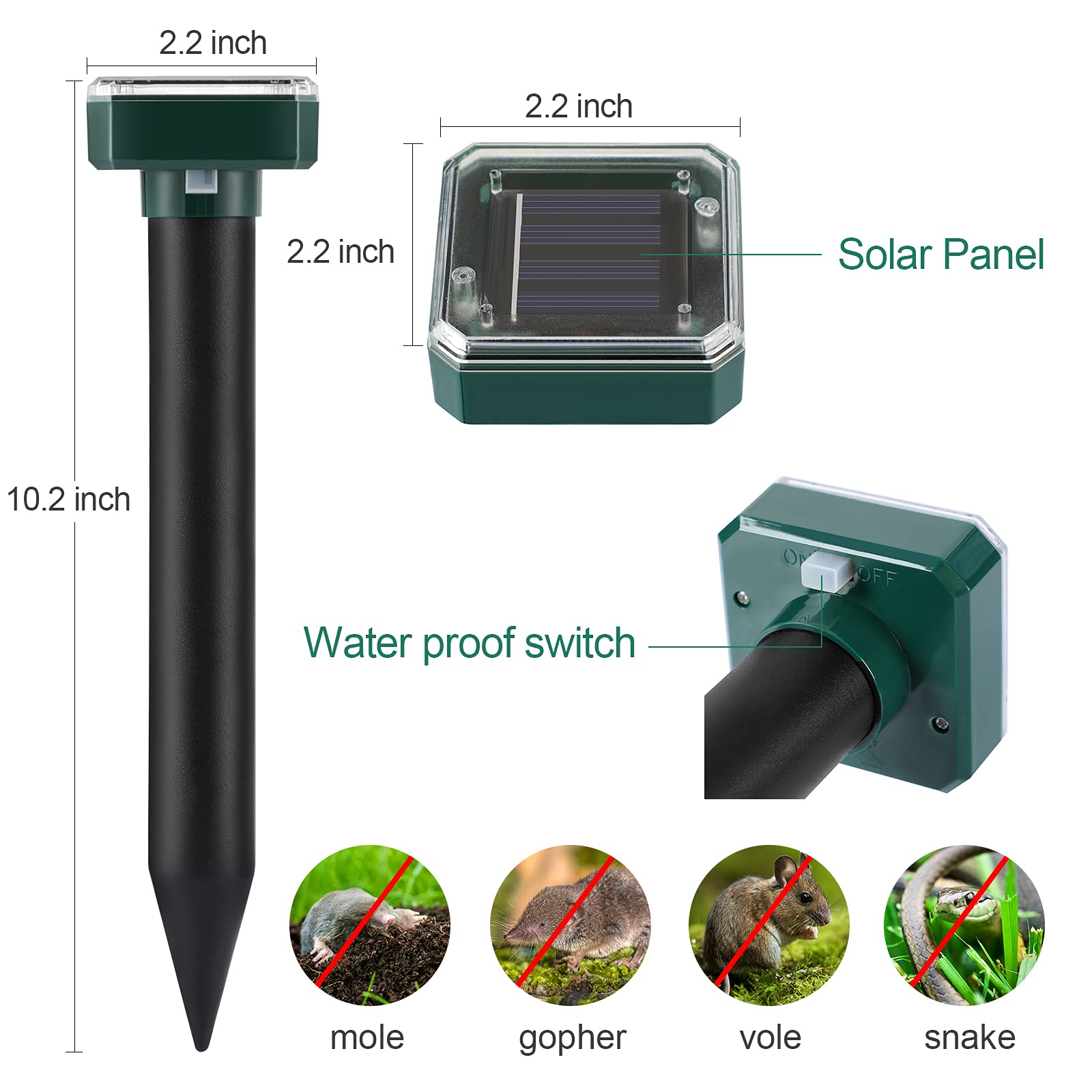 Solar Powered Ultrasonic Mole & Gopher Repellent (4 Pack) - Waterproof Snake, Vole & Groundhog Deterrent for Lawn & Garden | Effective Pest Control for Yards, Farms & Outdoor Spaces