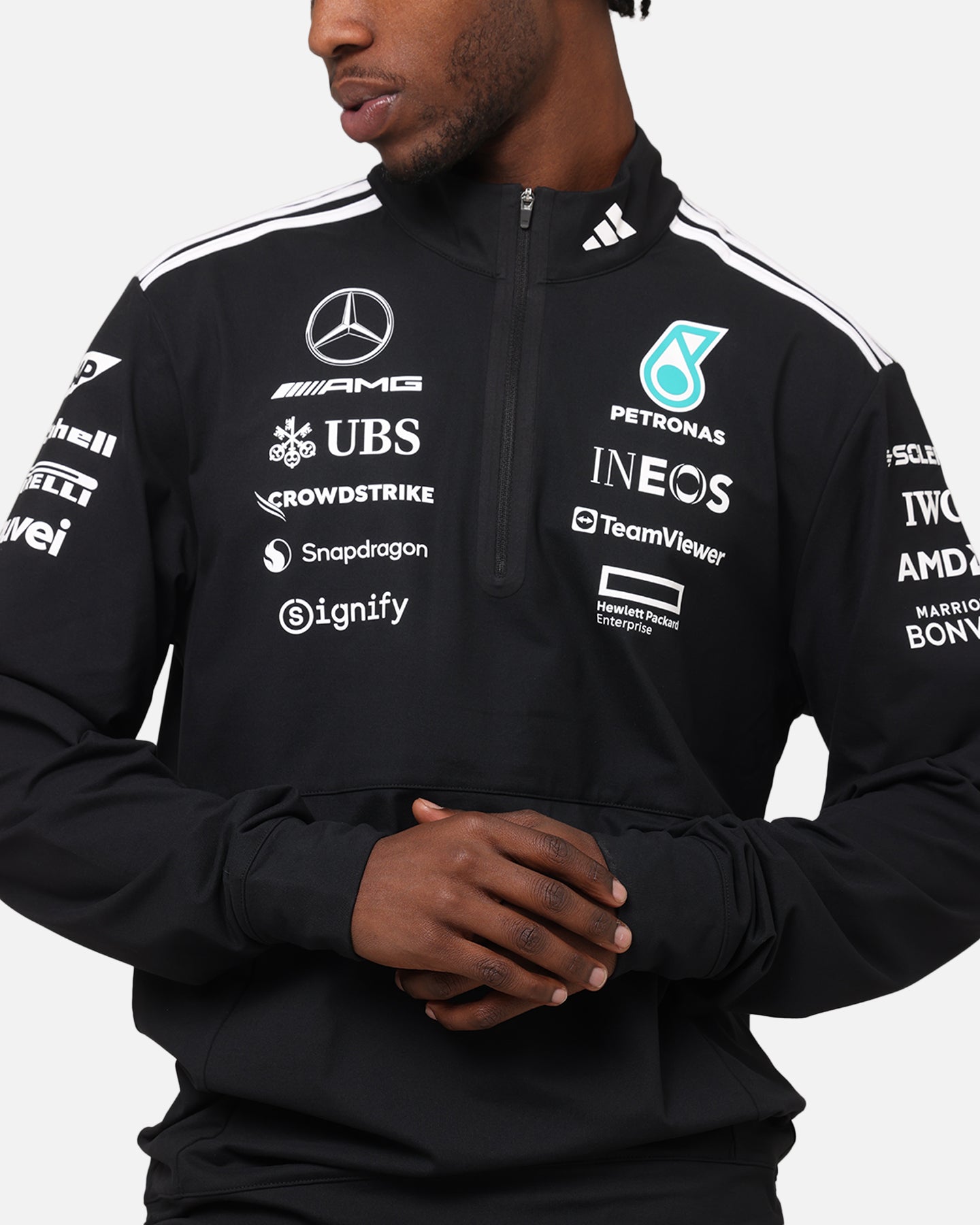 Adidas x Mercedes AMG Petronas F1 2025 Team Quarter Zip Jacket - Black/White - Men's Racing-Inspired Performance Jacket for Motorsport Fans & Streetwear Fashion