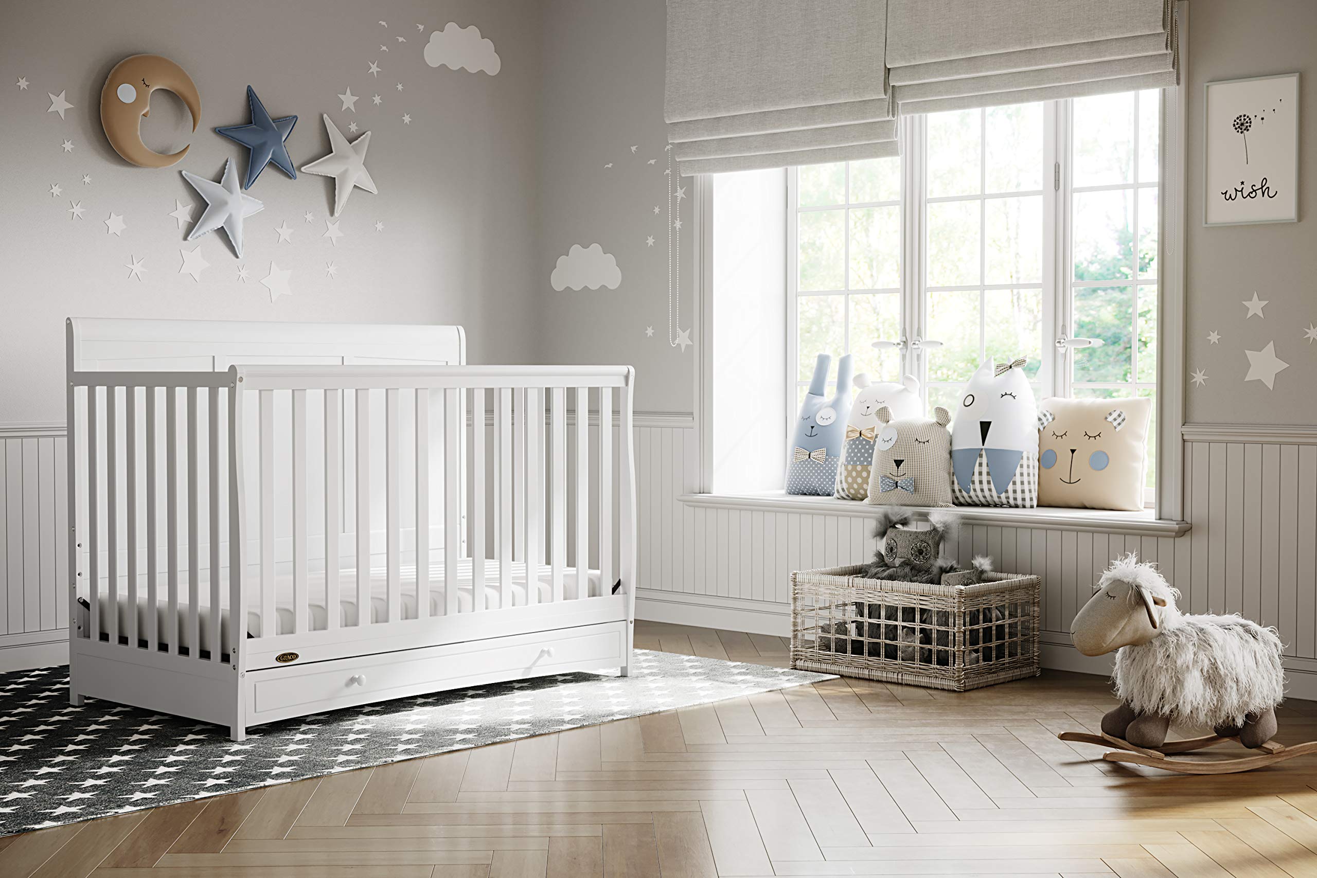 Graco Asheville 5-in-1 Convertible Crib with Storage Drawer - GREENGUARD Gold Certified White Baby Crib | Converts to Toddler Bed, Daybed & Full Size Bed | Perfect for Nursery, Bedroom & Guest Room