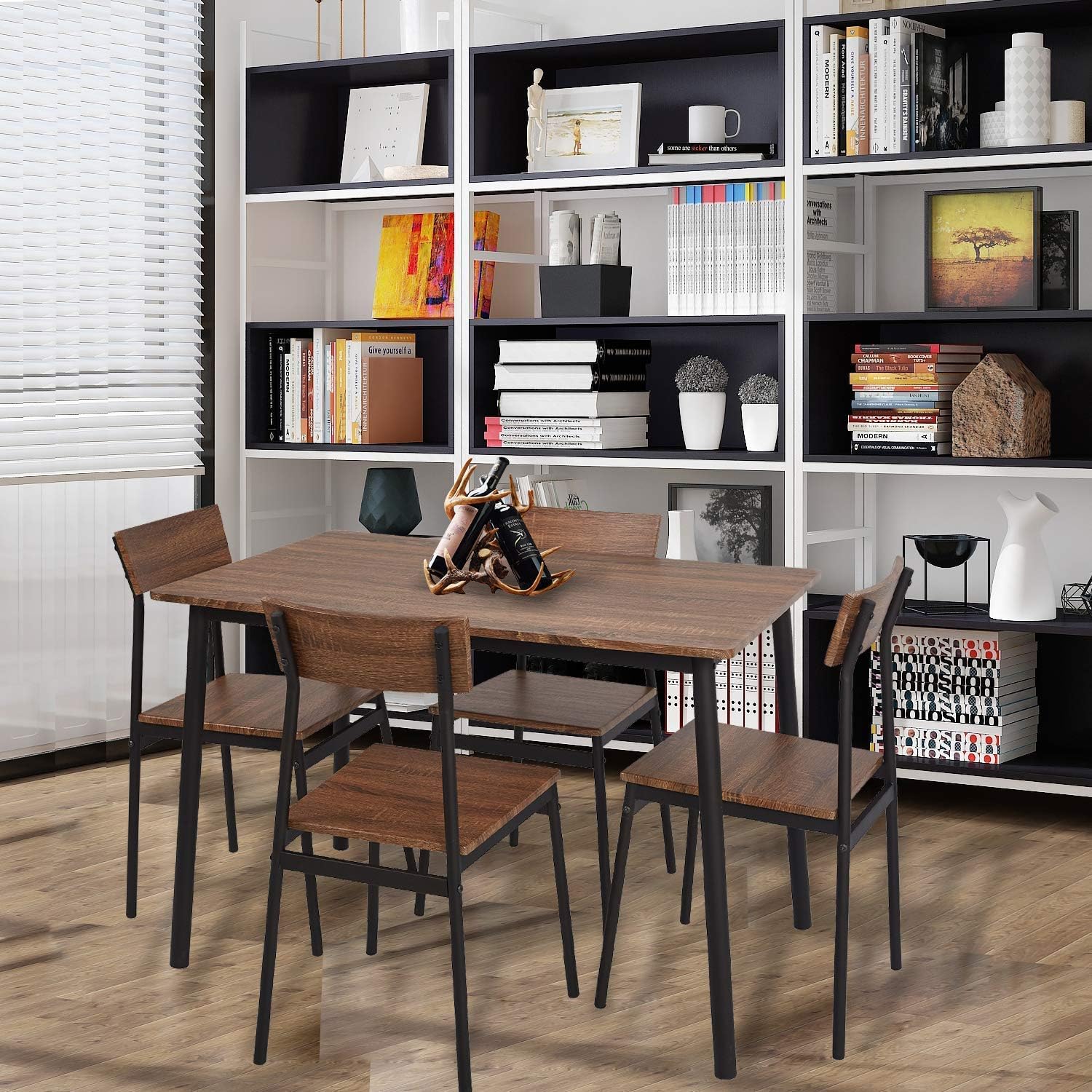 5-Piece Rustic Industrial Style Wooden Kitchen Table and Chairs Set for 4 - Perfect for Small Dining Rooms, Breakfast Nooks & Farmhouse Kitchens