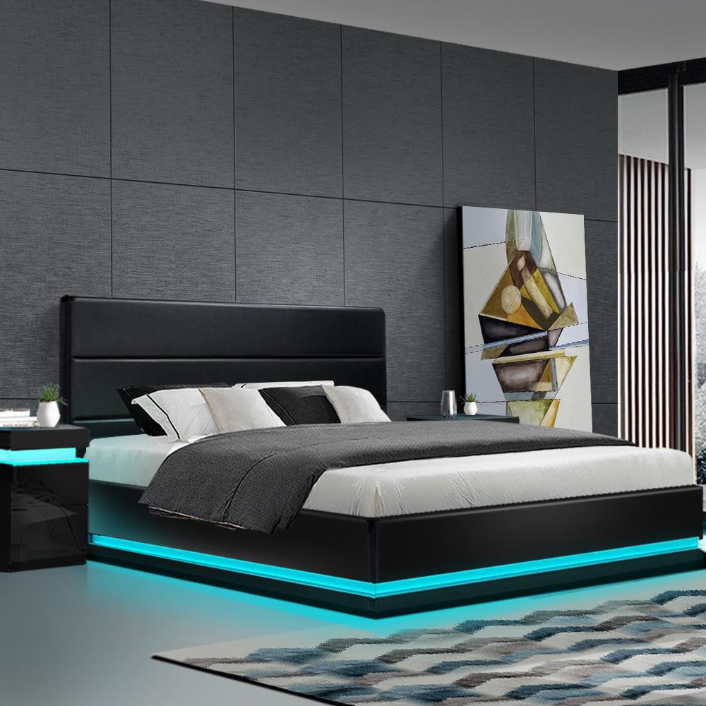 Premium Henley LED Bed Frame in Black with Luna Series Euro Top Medium Firm Mattress & Bamboo Mattress Topper - Complete Bed Set for Modern Bedrooms, Guest Rooms & Dormitories