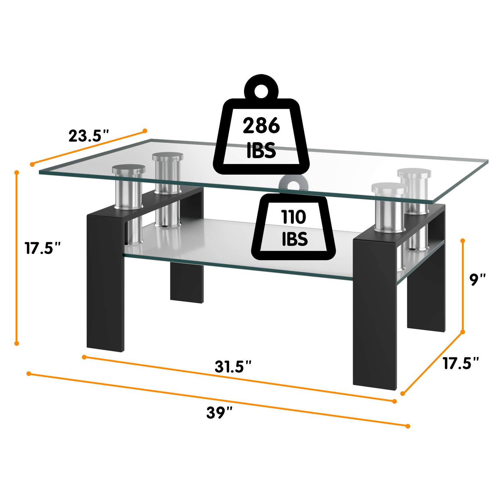Tangkula Modern Rectangular Glass Coffee Table with Lower Shelf - Tempered Glass Top & Sturdy Metal Legs - Perfect for Living Room, Office, or Lounge (Black) - Ideal for Coffee, Books, and Decor Display