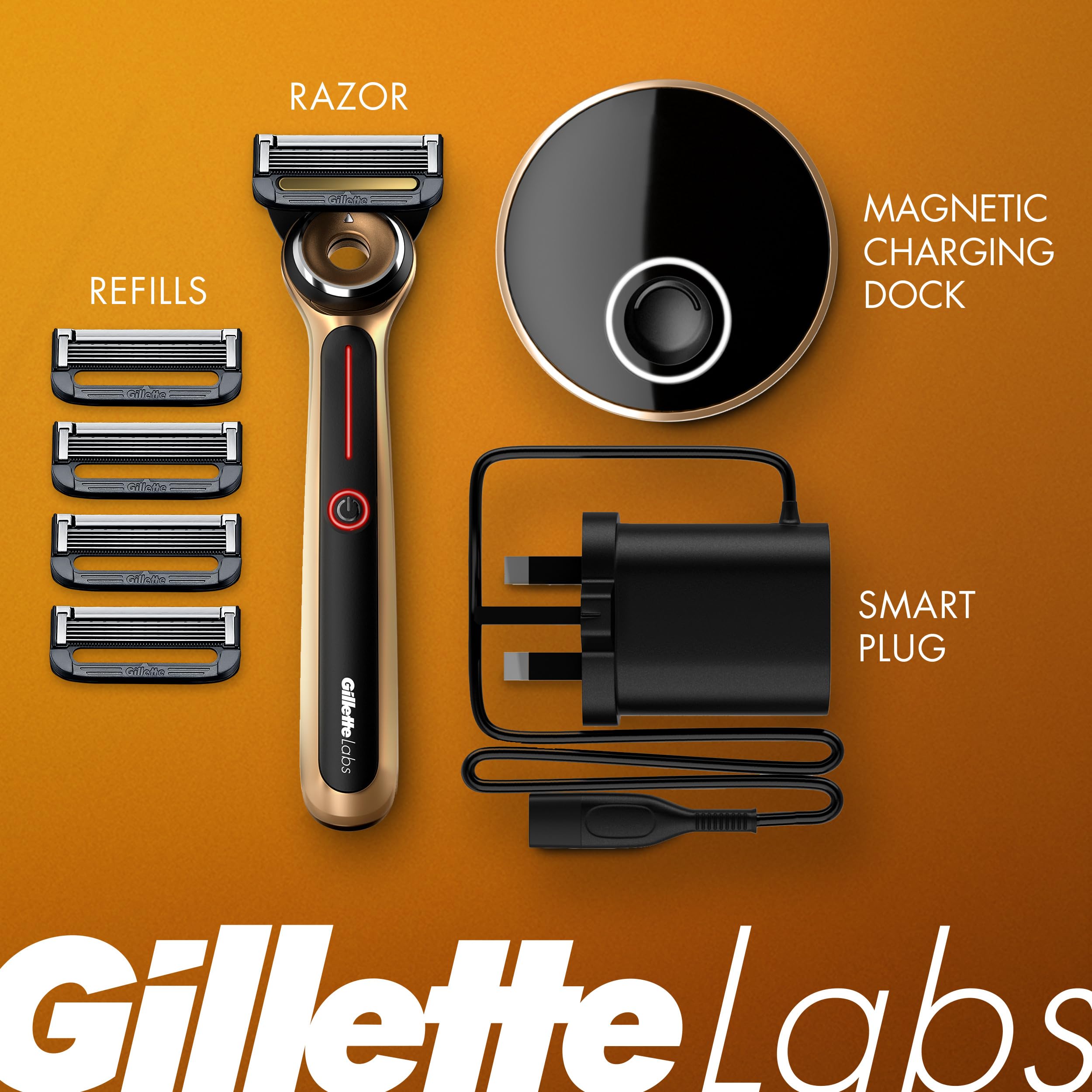 Gillette Labs Heated Razor Gold Edition - Premium Electric Shaver with Warming Technology, 1 Handle, 5 Blade Refills & Charging Dock - Perfect for Men's Daily Shaving & Travel Grooming Kit