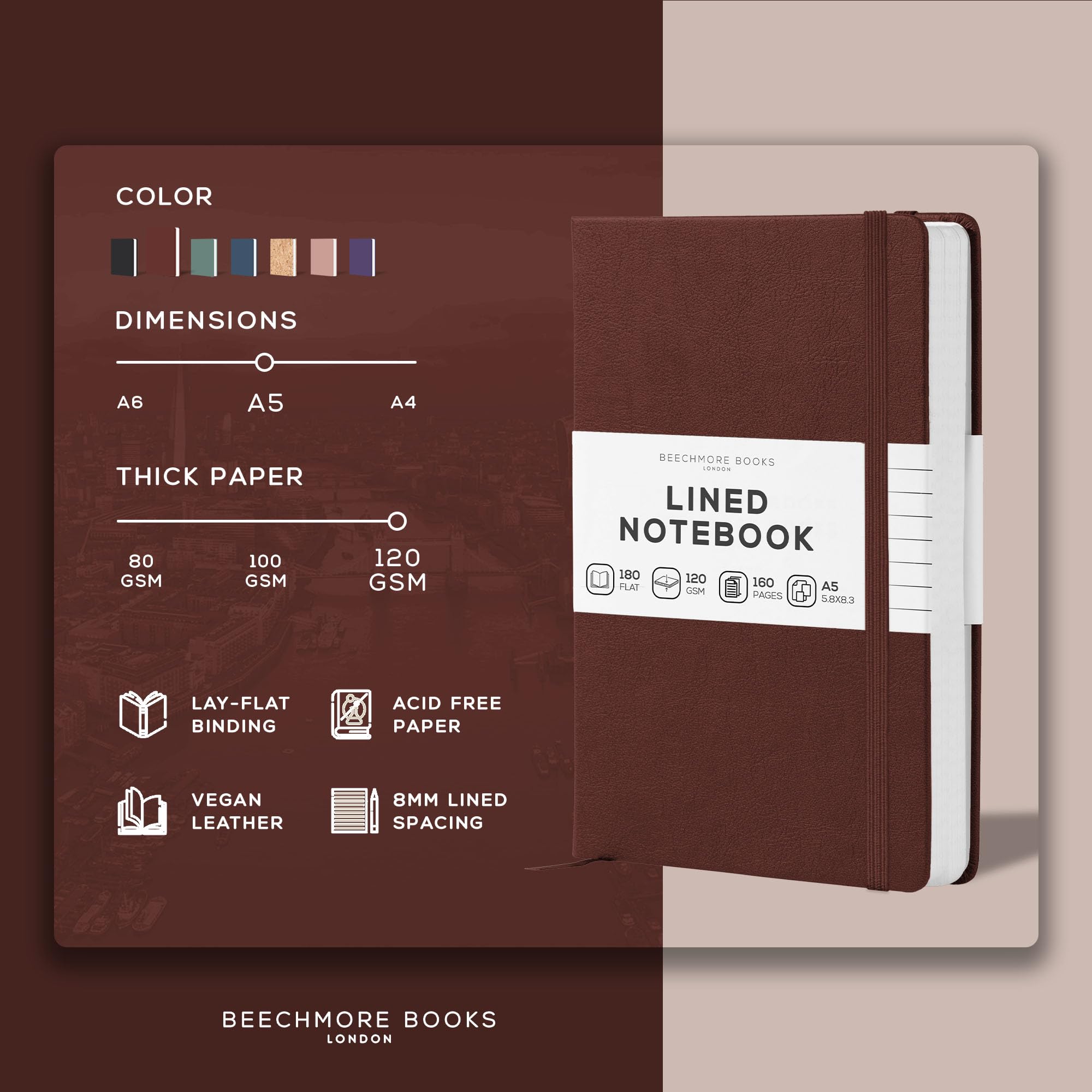 BEECHMORE Lined Journal Notebook - A5 Size 5.8 x 8.3 inch, 160 Pages Hardcover Leather Writing Notebook for Women & Men - 120 GSM Thick Paper, Gift Box Included (Chestnut Brown) - Perfect for Office Work, School Notes, Daily Journaling & Creative Writing