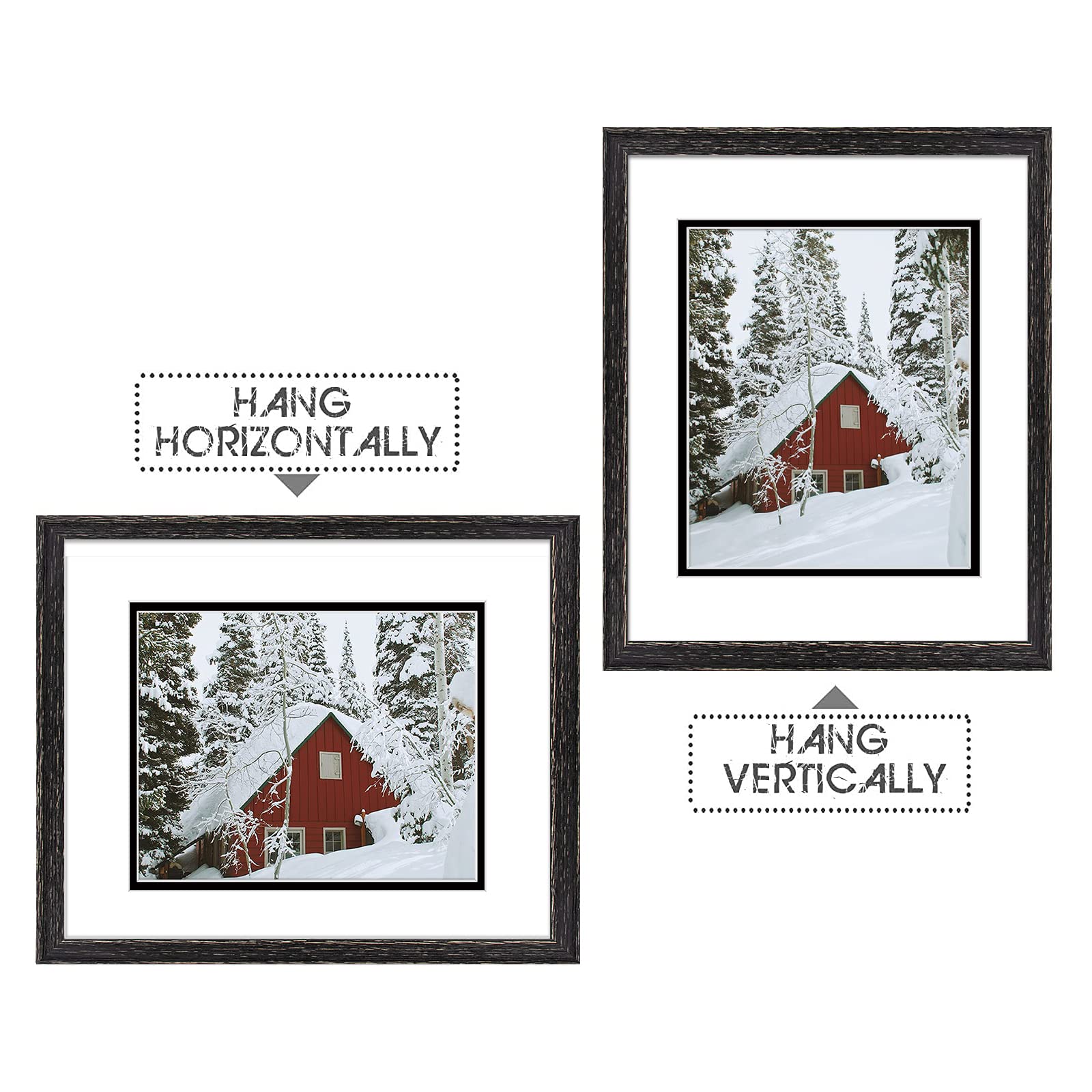 Golden State Art 11x14 Distressed Black Wood Picture Frame with White/Black Double Mat - Holds 8x10 Photos, Real Glass, Sawtooth Hanger & Wall Mount - Perfect for Living Room, Bedroom & Office Decor (2 Pack)