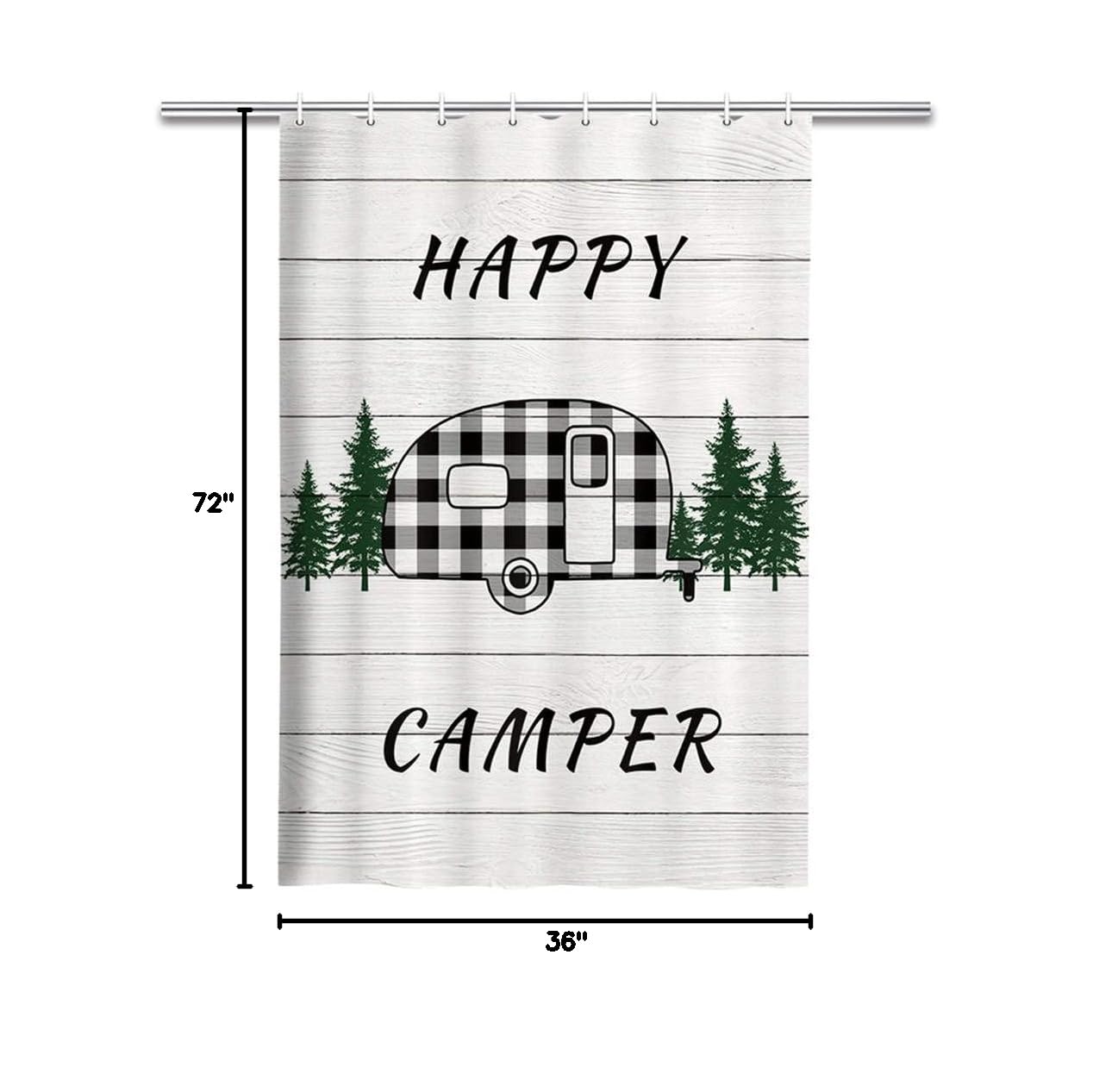 Happy Camper RV Shower Curtain - Buffalo Plaid Farmhouse Decor for Travel Trailers & Bathrooms