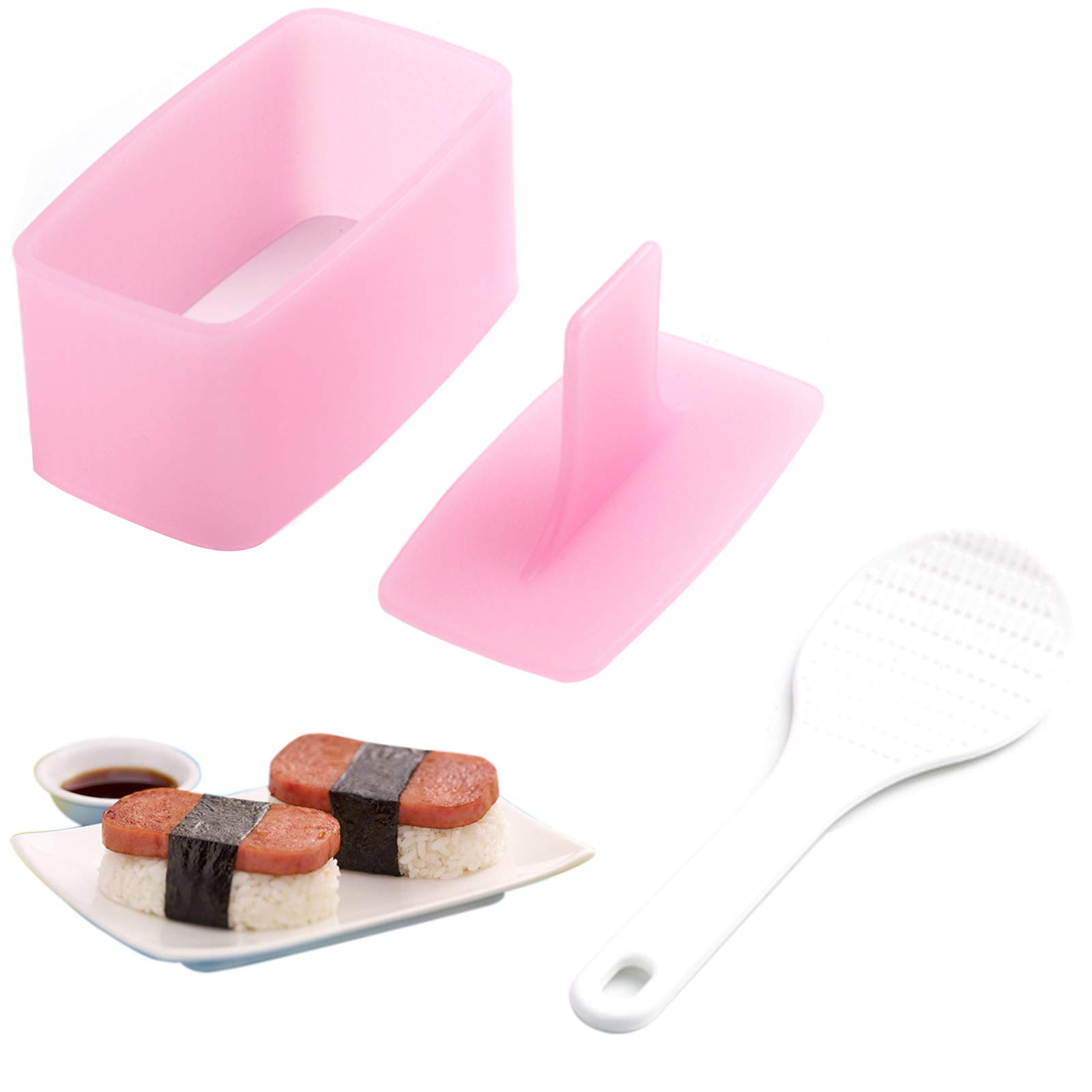 AYCCNH Non-Stick Musubi Maker Press with Rice Paddle - Sushi & Onigiri Mold Kit for Hawaiian Spam Musubi, Rice Balls & Luncheon Meat - Perfect for Home Cooking, Meal Prep & Bento Boxes (Pink)