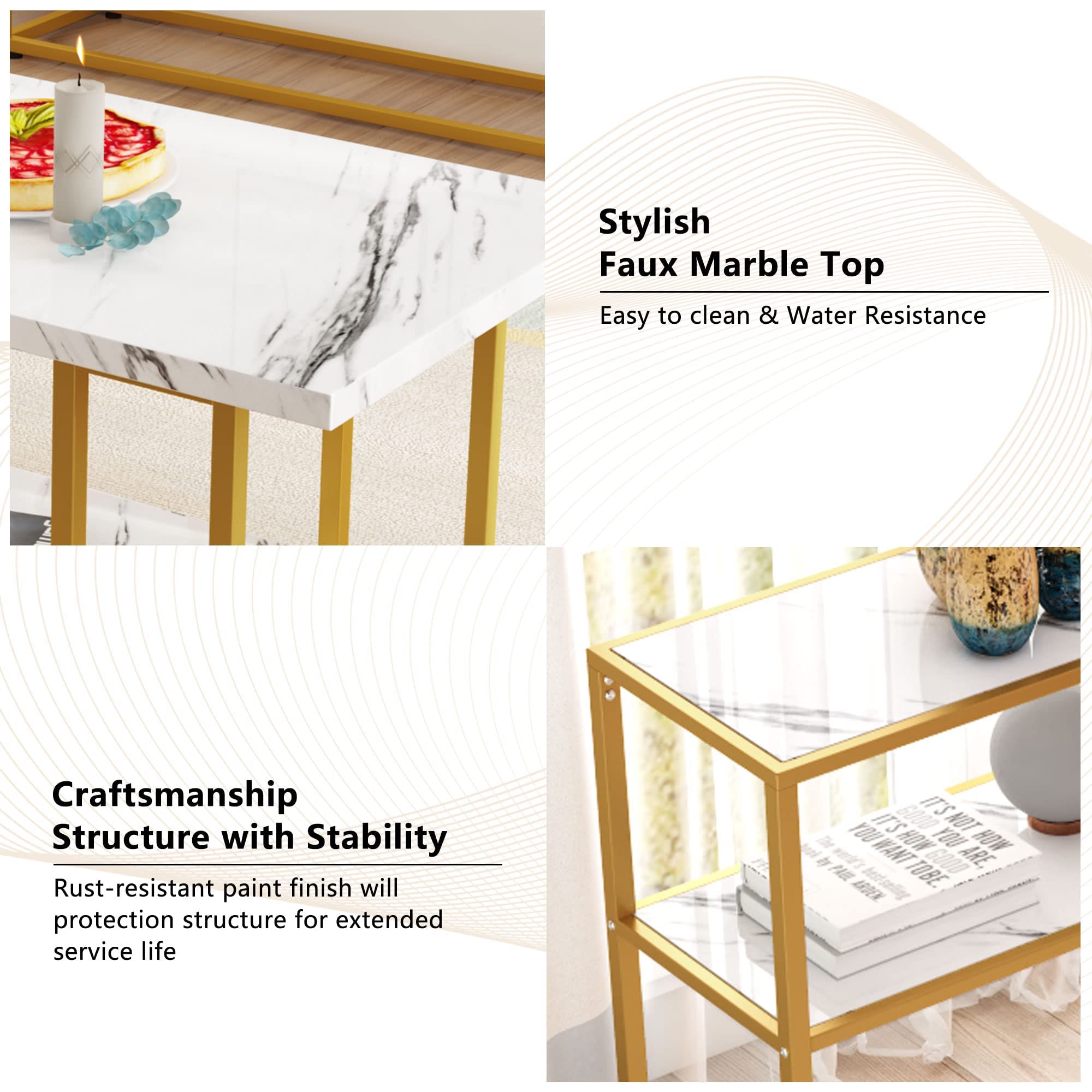 MIERES 3-Piece Faux Marble Coffee Table Set - Modern Living Room Furniture with Semicircle End Table & Sofa Side Console Table, Storage Shelves & Sturdy Metal Frame, White & Gold - Perfect for Small Spaces, Apartments & Cozy Home Decor