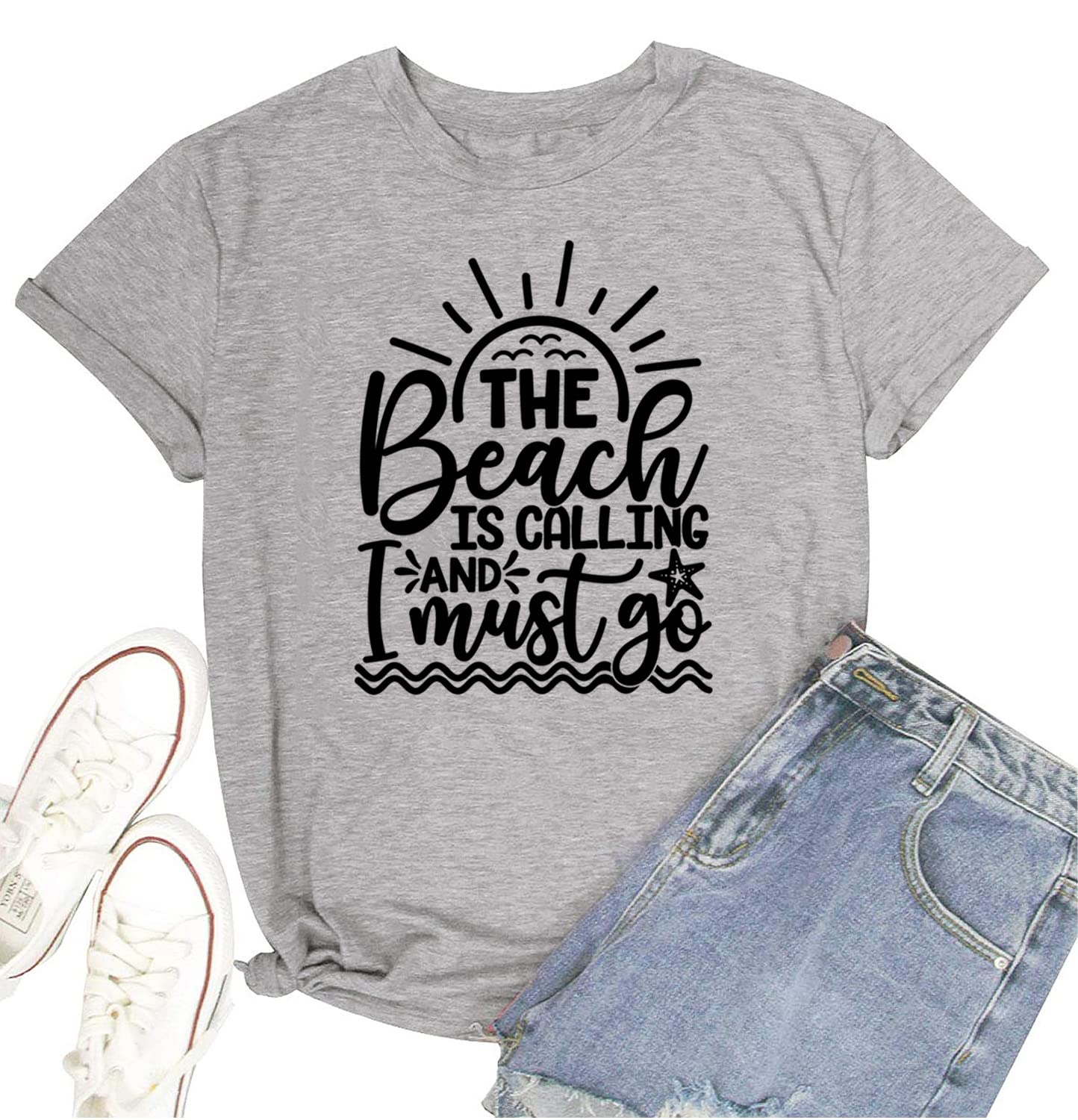 Funny Beach Vacation T-Shirt for Women - 'The Beach is Calling and I Must Go' Summer Short Sleeve Casual Top | Perfect for Beach Trips, Pool Parties & Summer Outings