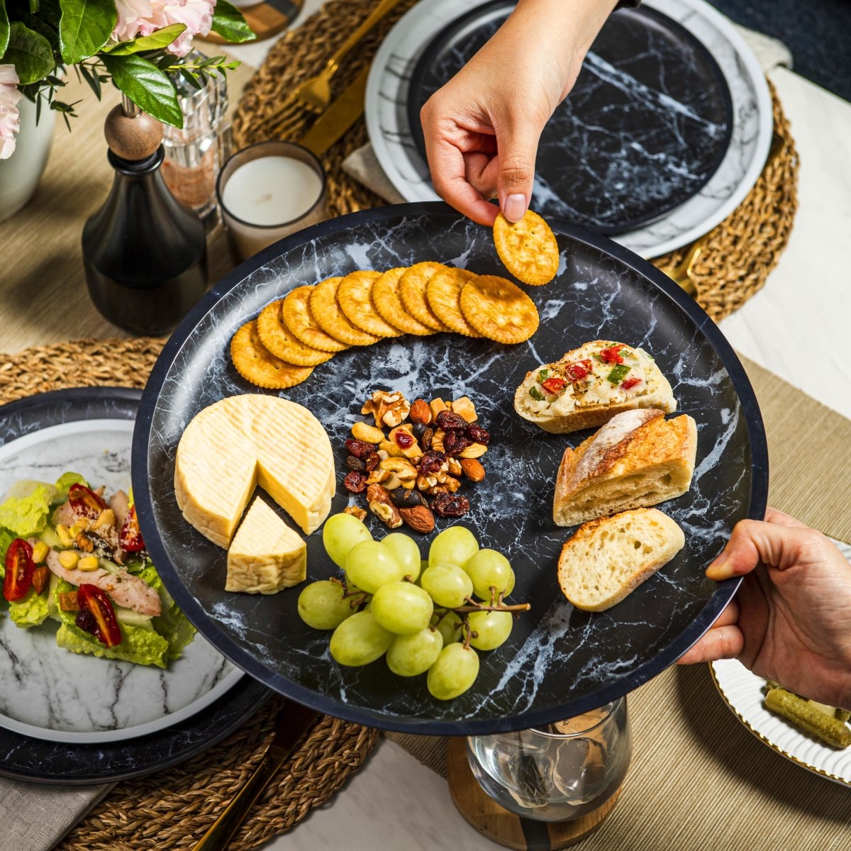 2-Piece Marble Melamine Round Platter Set - Black & White - Perfect for Serving Appetizers, Desserts, and Party Snacks