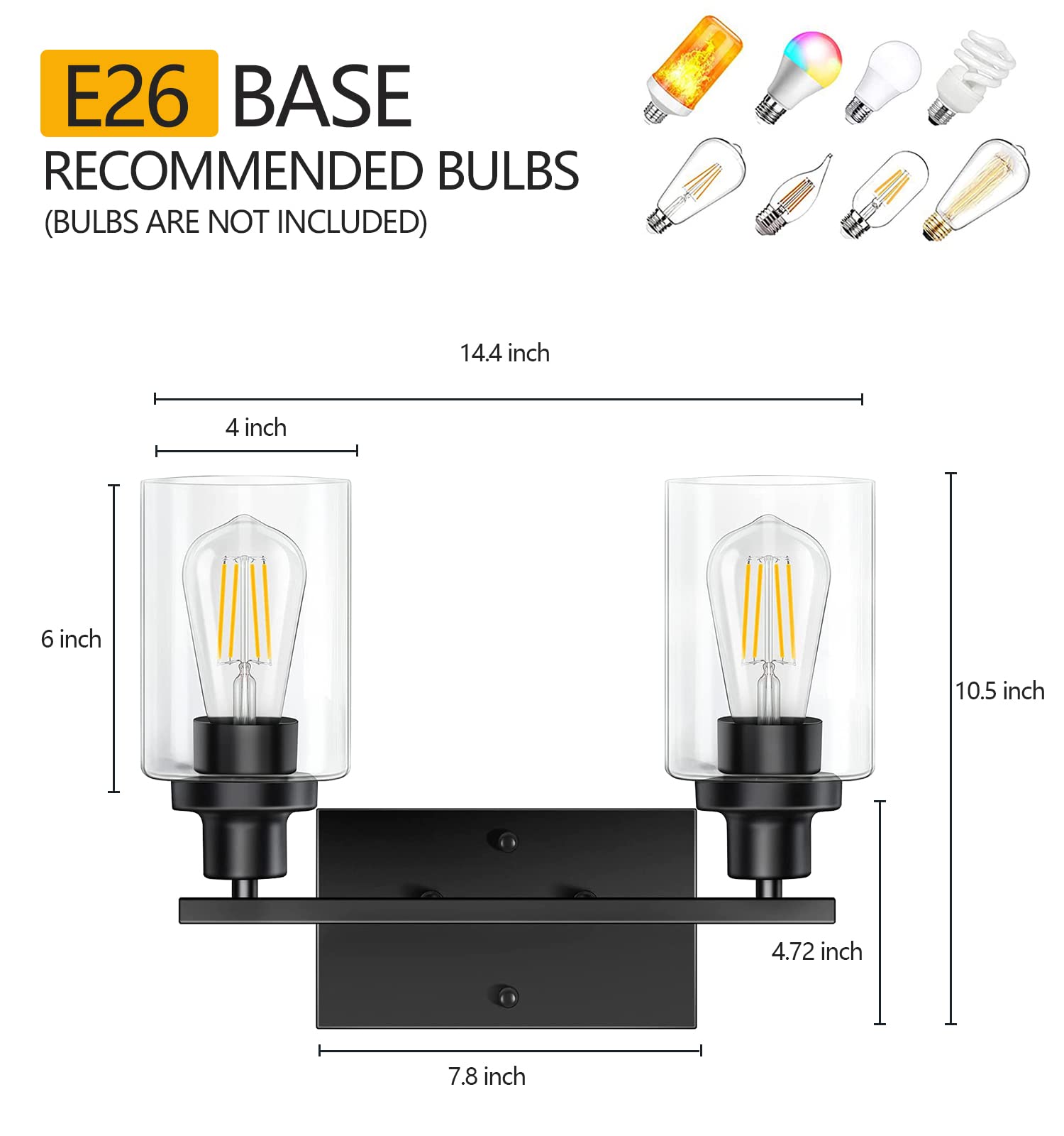 Modern Black 2-Light Bathroom Vanity Light with Glass Shade - Mirror Lighting for Bathroom & Bedroom