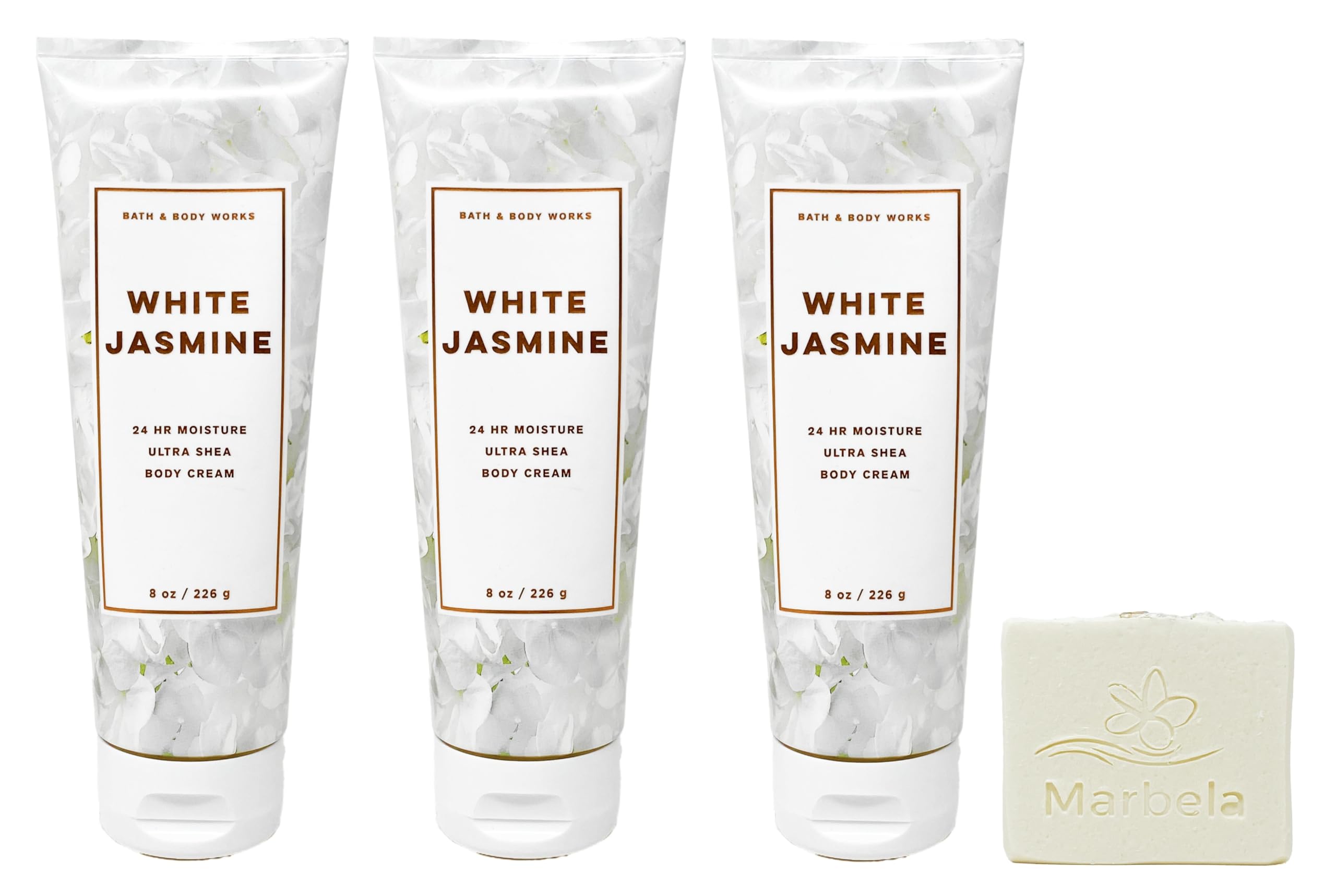 Bath & Body Works White Jasmine Body Cream 3-Pack with Natural Oats Sample Soap | Moisturizing Lotion for Dry Skin, Perfect for Daily Use & Gift Giving