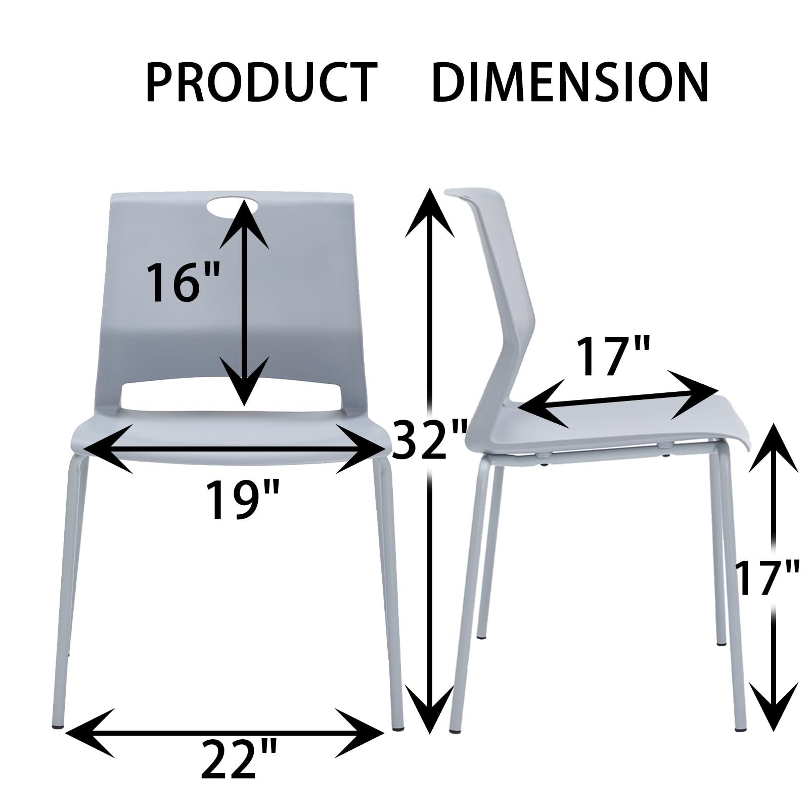 Modern Grey Stackable Chairs Set of 4 - Wide Seat Plastic Dining Chairs for Office, Conference Room & Home | Durable Guest Chairs for Living Room, Waiting Area & Classroom Use