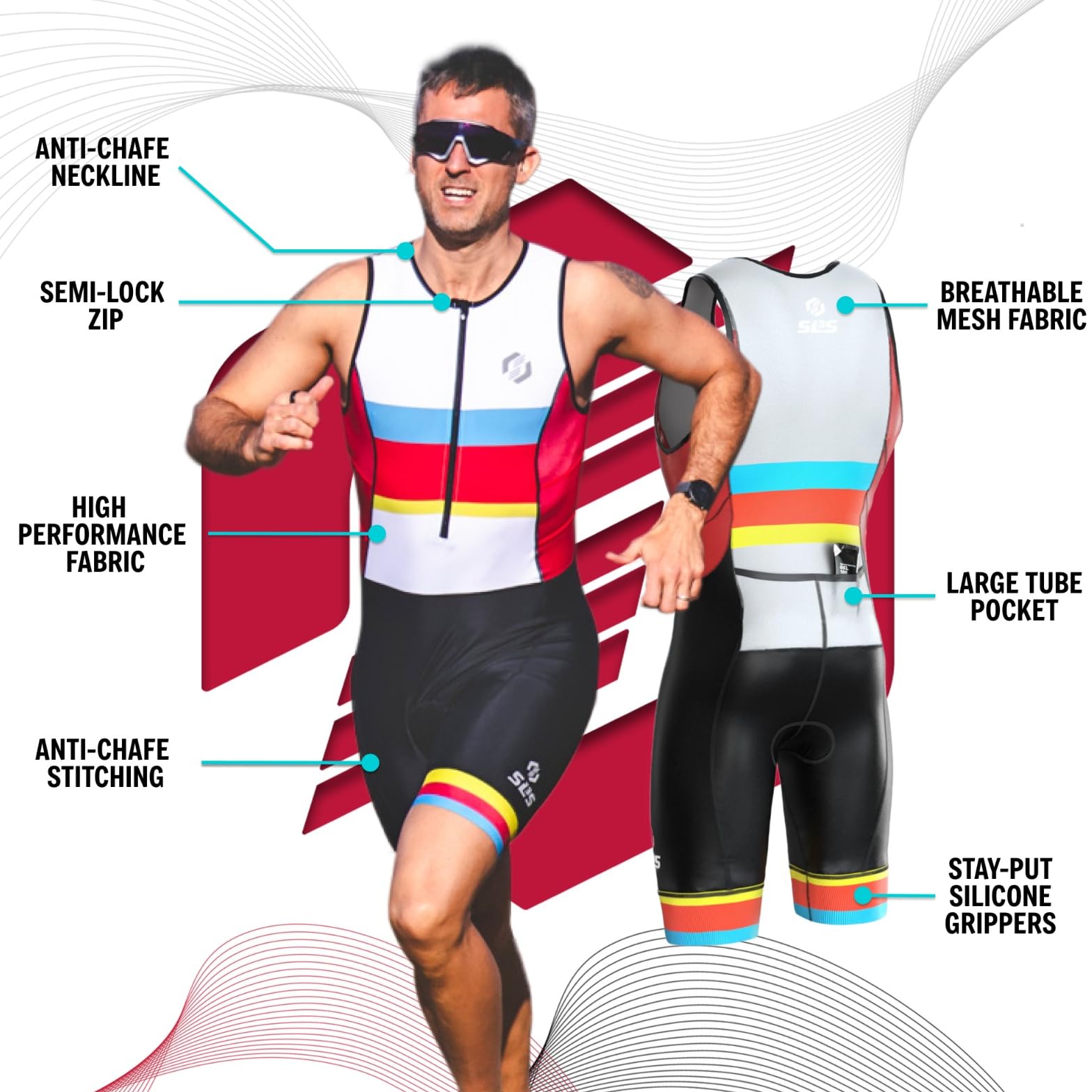 **Men's Triathlon Suit - Lightweight Sleeveless Trisuit with 2 Storage Pockets - Durable & Breathable for Swimming, Cycling & Running**