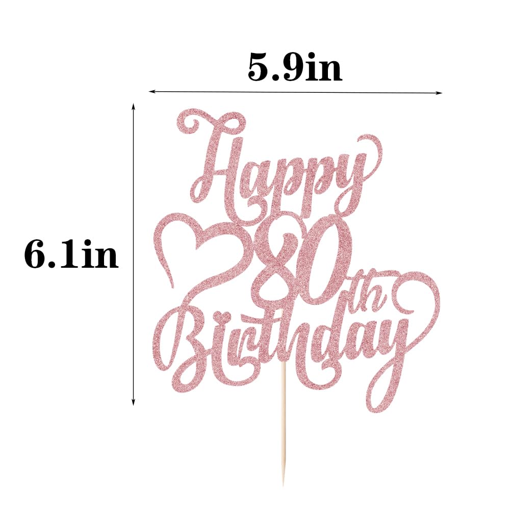 Rose Gold Glitter Happy 80th Birthday Cake Topper - Elegant 80th Anniversary/Birthday Party Decoration - Hello 80, Cheers to 80 Years, 80 & Fabulous - Perfect for Milestone Celebrations & Retirement Parties
