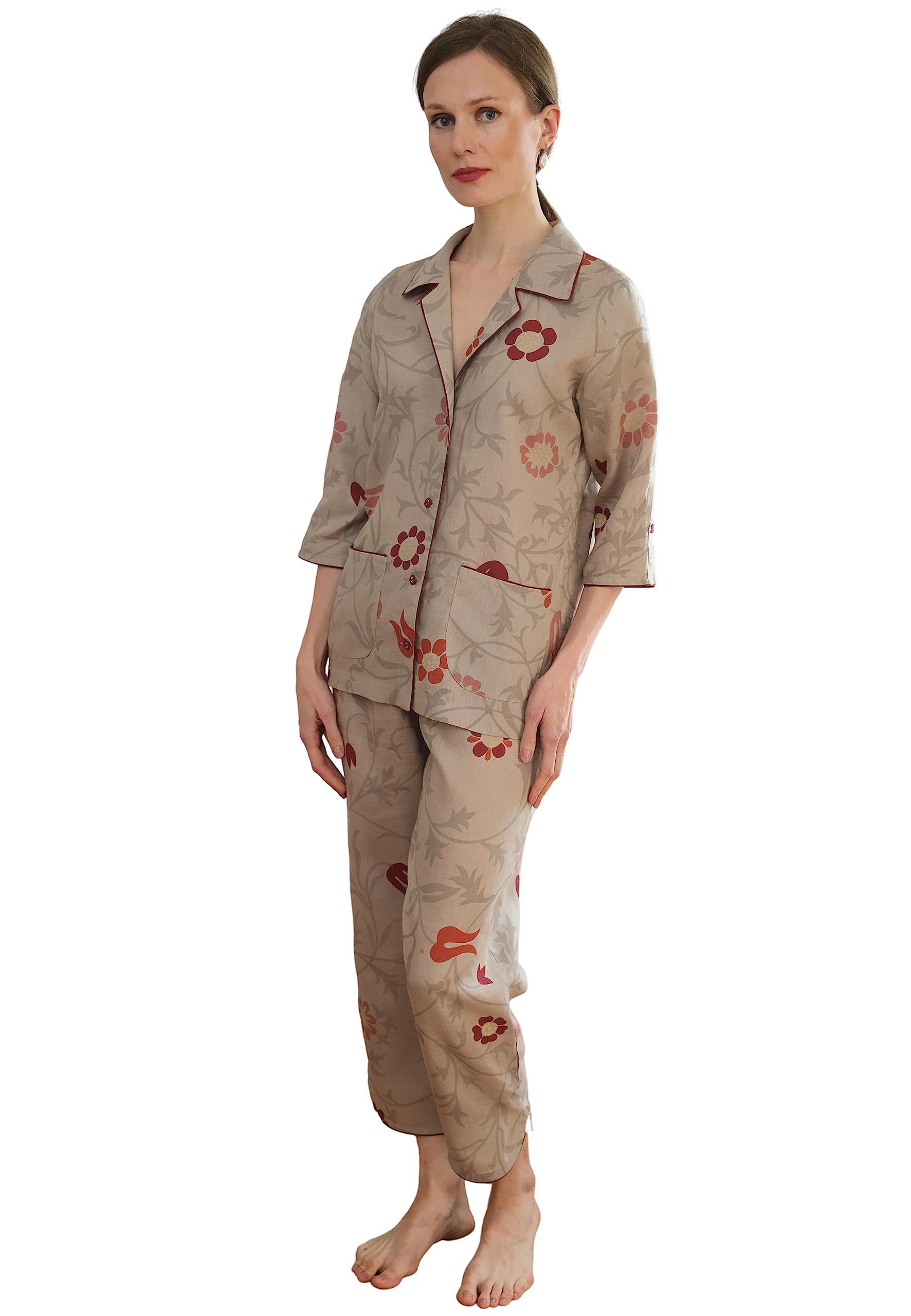 Women's Floral Print Pajama Set - 3/4 Sleeve Top & Capri Pants | Soft Cotton Sleepwear for Women | Perfect for Lounging, Sleepovers & Relaxing at Home | European Made
