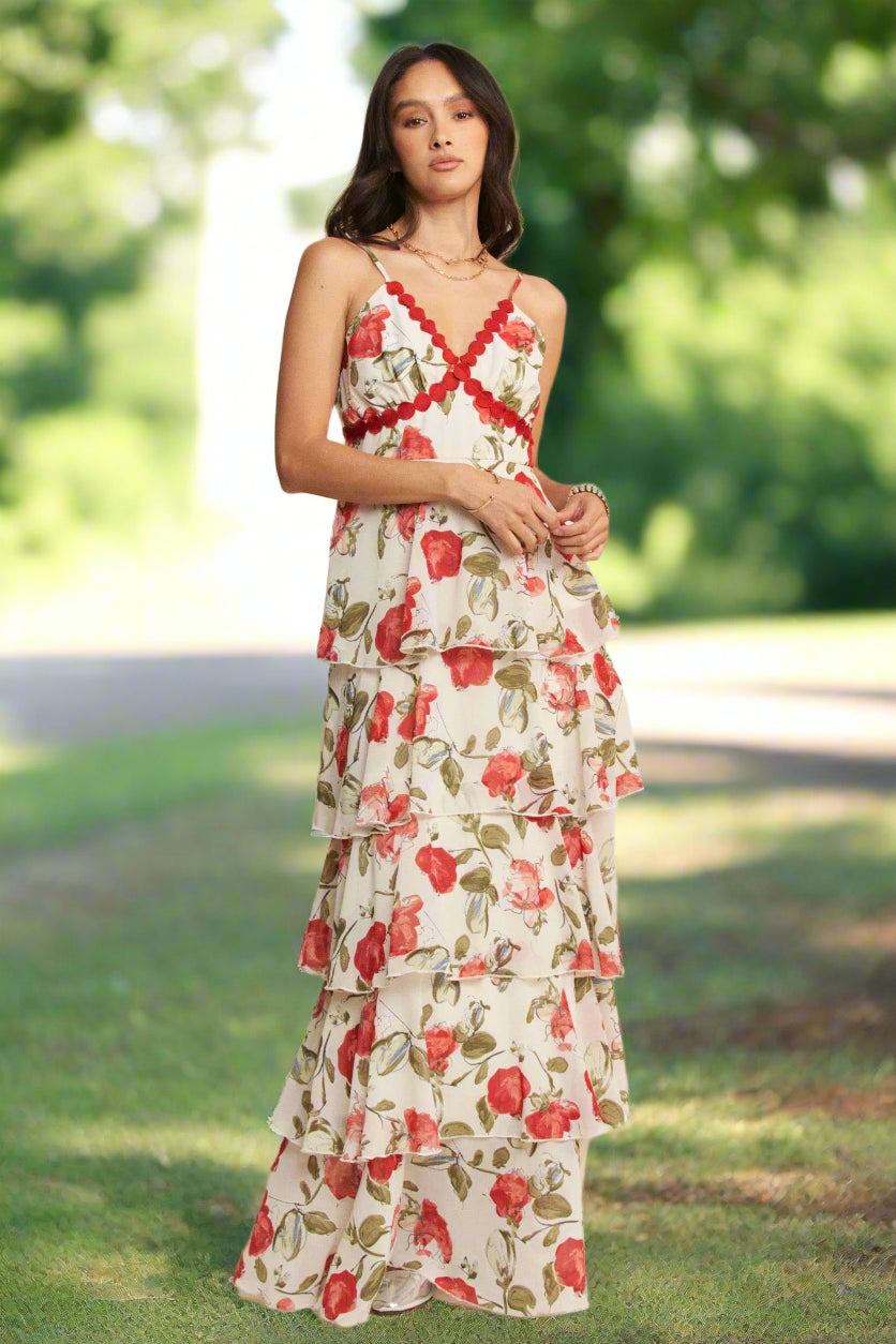 Elegant Lace Layered Ruffle Maxi Cami Summer Dress for Women - Boho Beach Wedding Party & Vacation Outfit