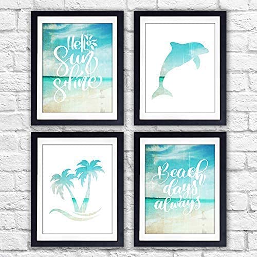 Beach Set Art Prints (Set of 4) - 11x14 Inches Unframed Wall Decor - Coastal Themed Paintings for Home & Office - Perfect for Living Room, Bedroom, Bathroom & Beach House Decor - Bring Ocean Vibes to Your Space