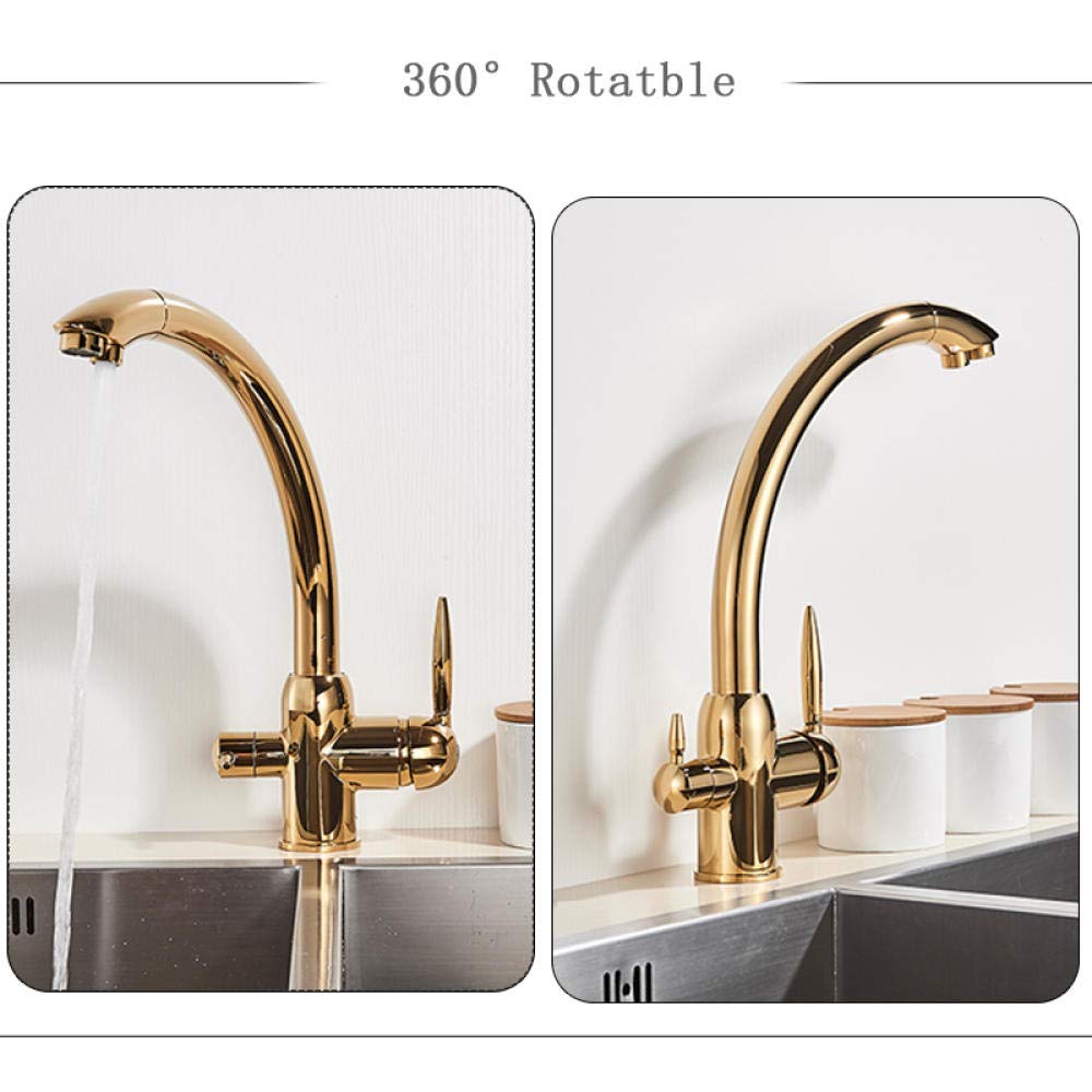 Golden Deck Installation Kitchen Faucet - Double Handle Drinking Water Sink Faucet with 360° Rotation | Hot & Cold Water Mixer for Pure Water | Perfect for Modern Kitchens and Bar Sinks