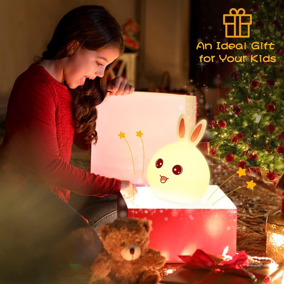 **MOGADET Kids Night Light - Cute Silicone Rabbit LED Table Lamp, USB Rechargeable Color Changing Night Light for Boys & Girls (2-5 Years), Perfect Birthday Gift for Nursery, Bedroom & Sleep Time**