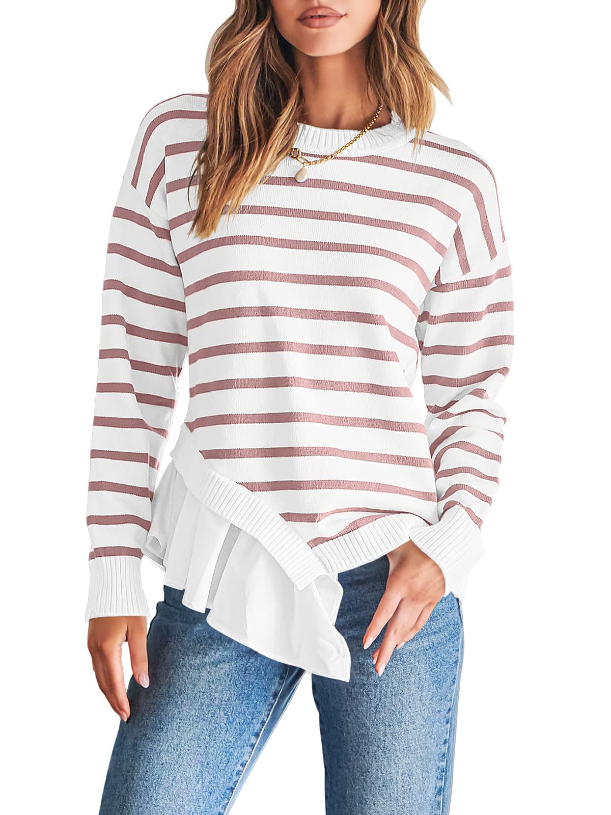 Caracilia Women's Casual Striped Sweater Long Sleeve Crewneck Loose Knit Pullover Top with Irregular Hem - Perfect for Fall Layering, Office Wear & Weekend Outfits