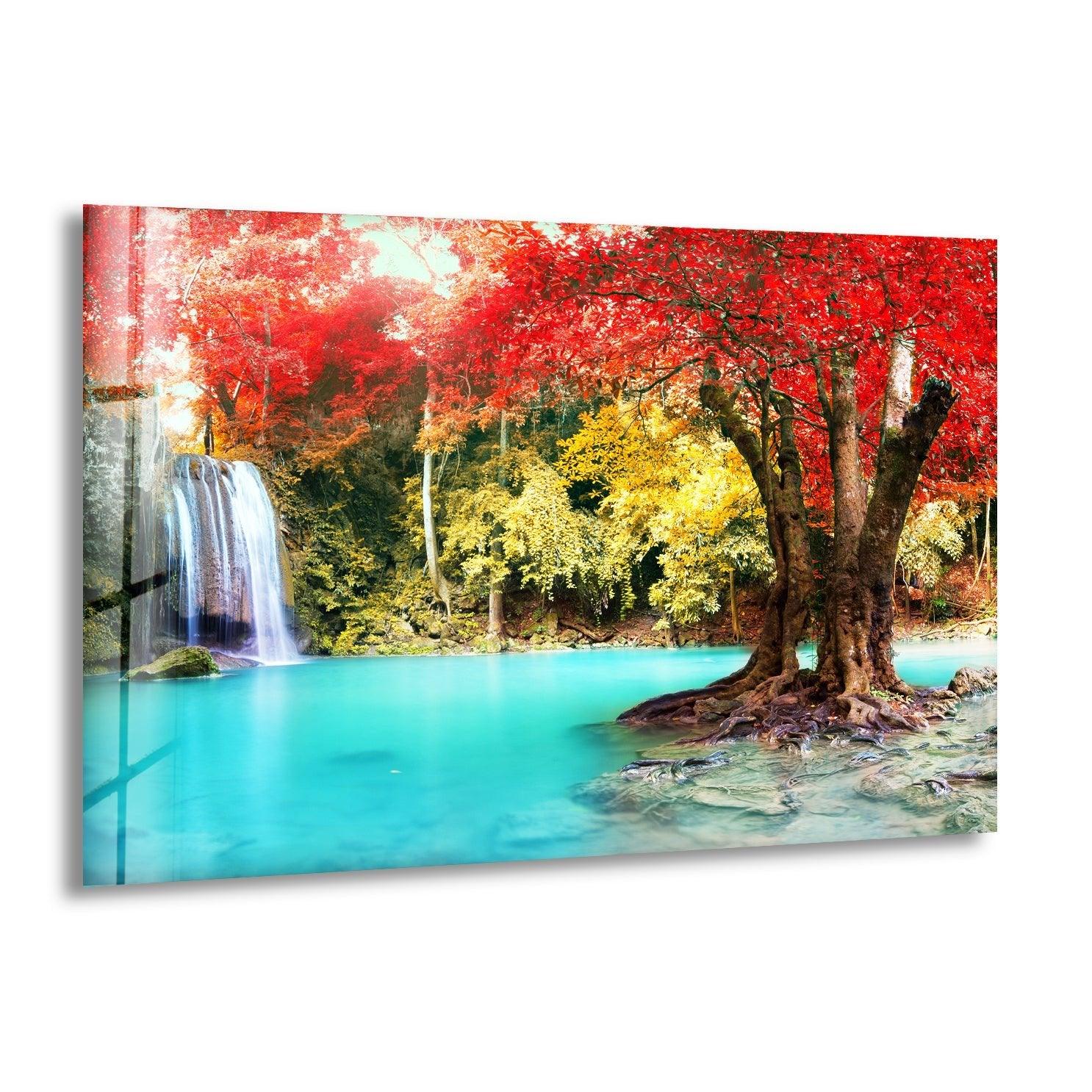 Autumn Forest Waterfall Glass Wall Art - Nature-Inspired Home Decor for Living Room, Bedroom & Office
