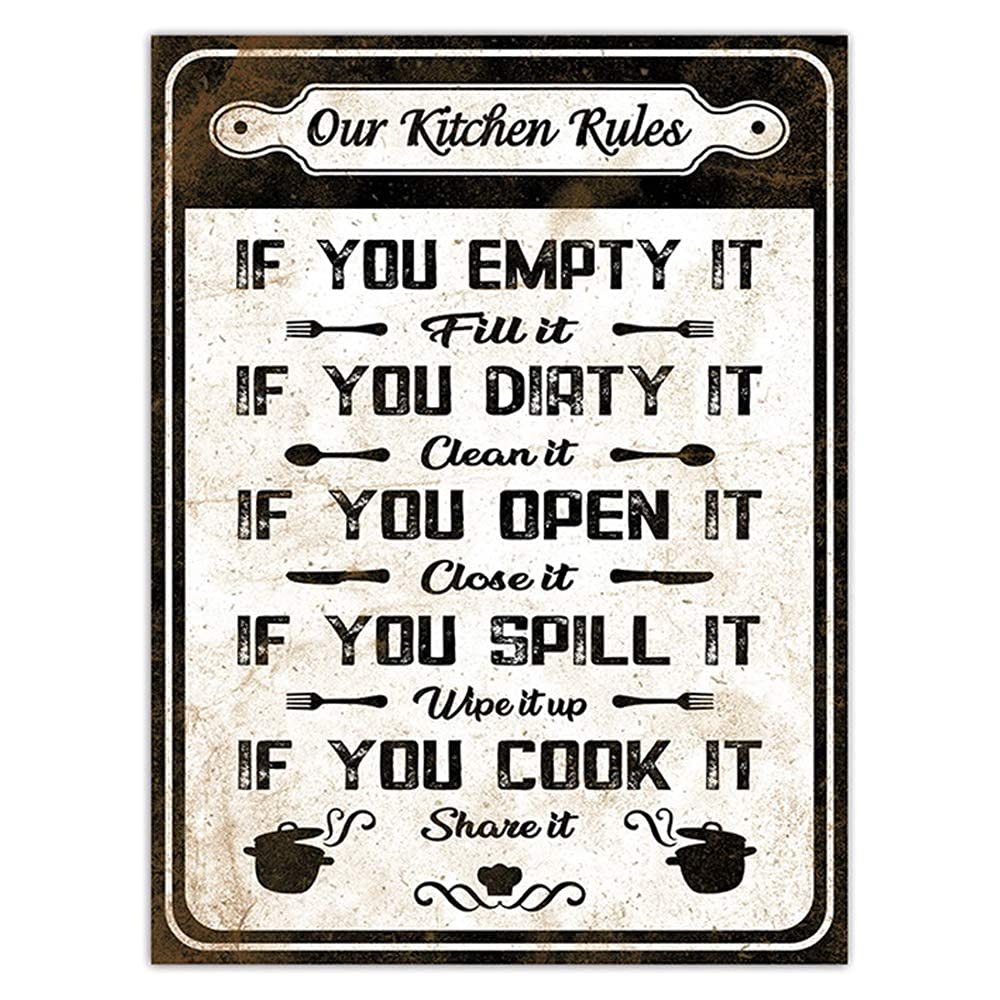 Vintage Metal Tin Sign - Our Kitchen Rules Wall Decor for Home, Bar, Cafe & Garage | 12x17 Inch Rustic Kitchen Art | Perfect for Farmhouse, Retro & Man Cave Decor