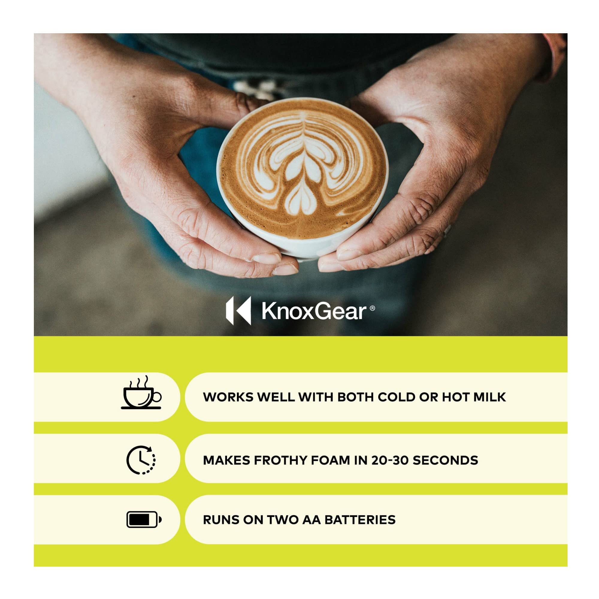 Knox Gear Rechargeable Handheld Milk Frother - Battery Operated Milk Foam Maker & Coffee Mixer Wand | Perfect for Lattes, Cappuccinos, Hot Chocolate & Baking | Portable Egg Beater & Coffee Stirrer for Home, Office & Travel