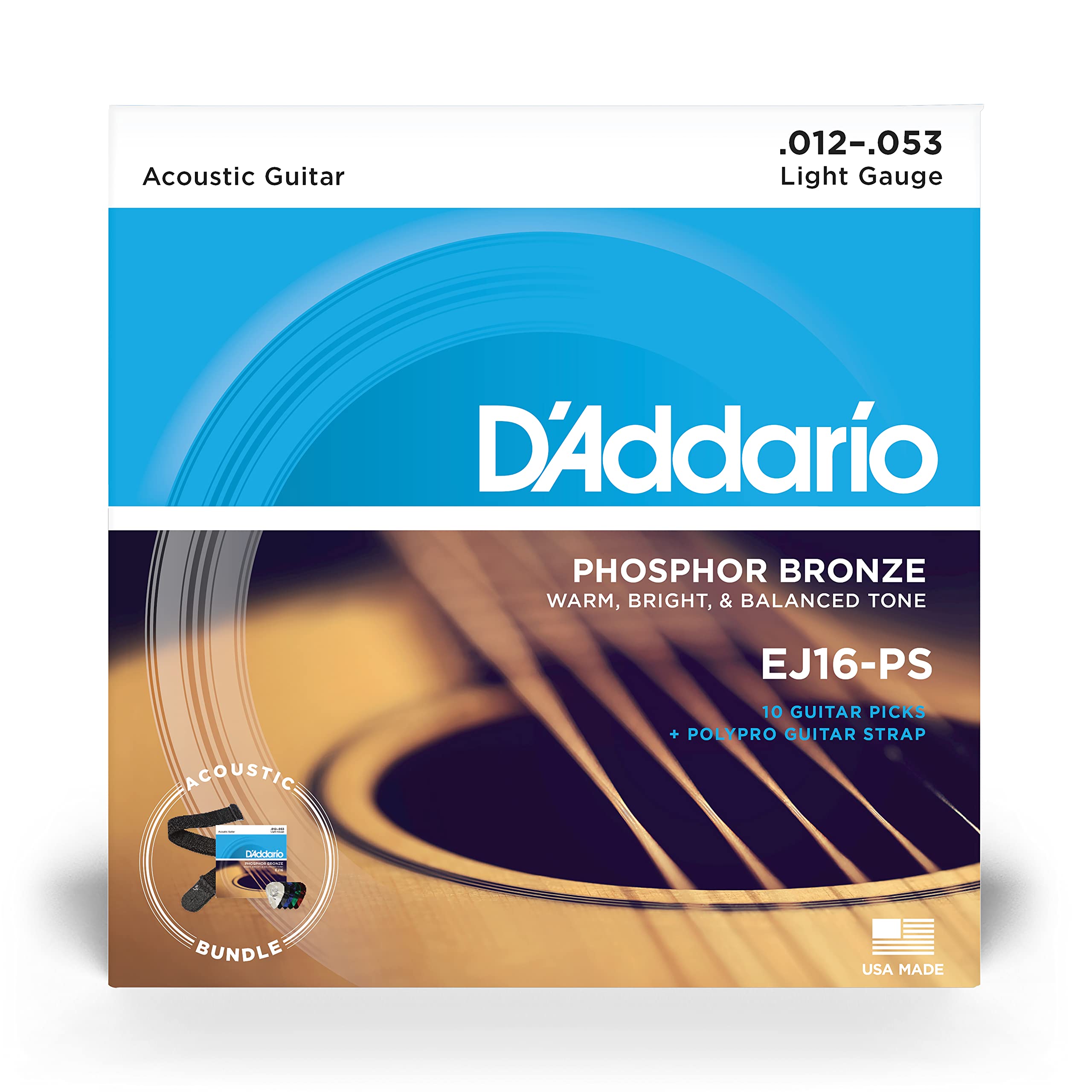 D'Addario Acoustic Guitar Strings & Accessories Kit - EJ16 Phosphor Bronze 12-53 Light Strings, Black Poly Pro Strap, 10-Pack Medium Celluloid Picks - Perfect for Beginners & Practice Sessions