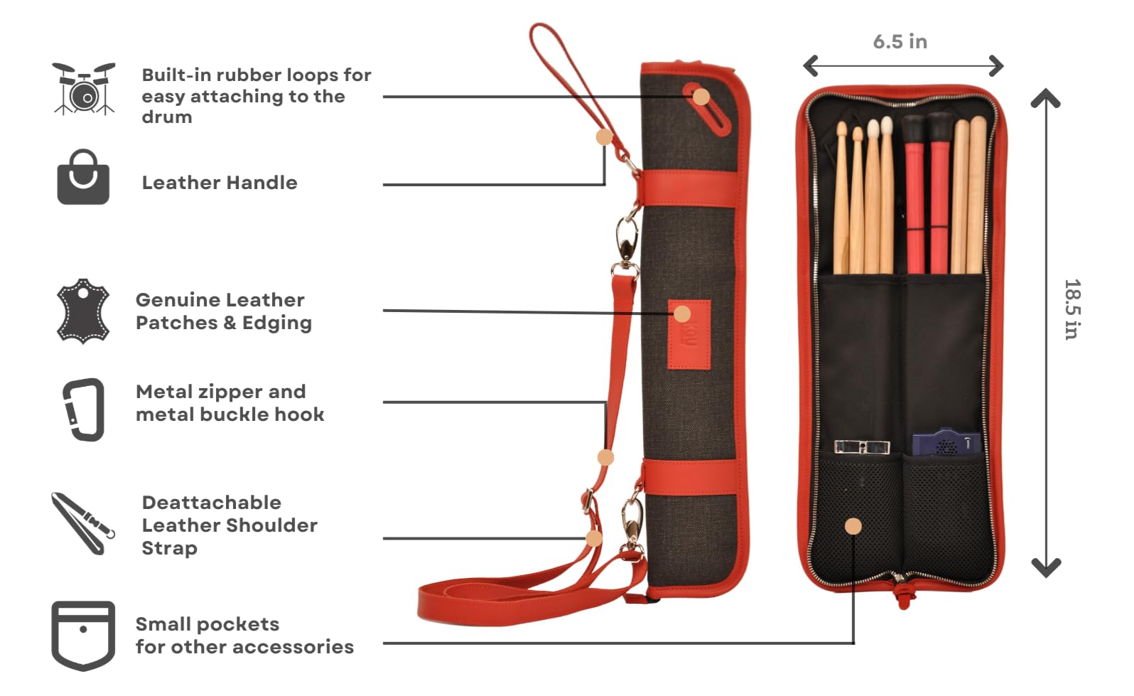 Premium Handmade Leather Drumstick Bag with Adjustable Shoulder Strap - Built-in Rubber Loops for Secure Storage - Durable Canvas Marching Band Accessory - Perfect Gift for Drummers (Ideal for Practice, Performances & Travel)