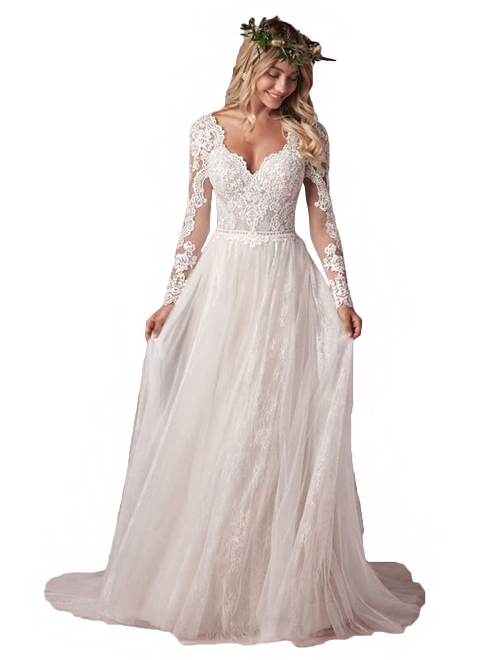 Elegant Tsbridal Women's A-Line V-Neck Tulle Lace Backless Boho Wedding Dress - Perfect for Beach, Garden & Outdoor Ceremonies