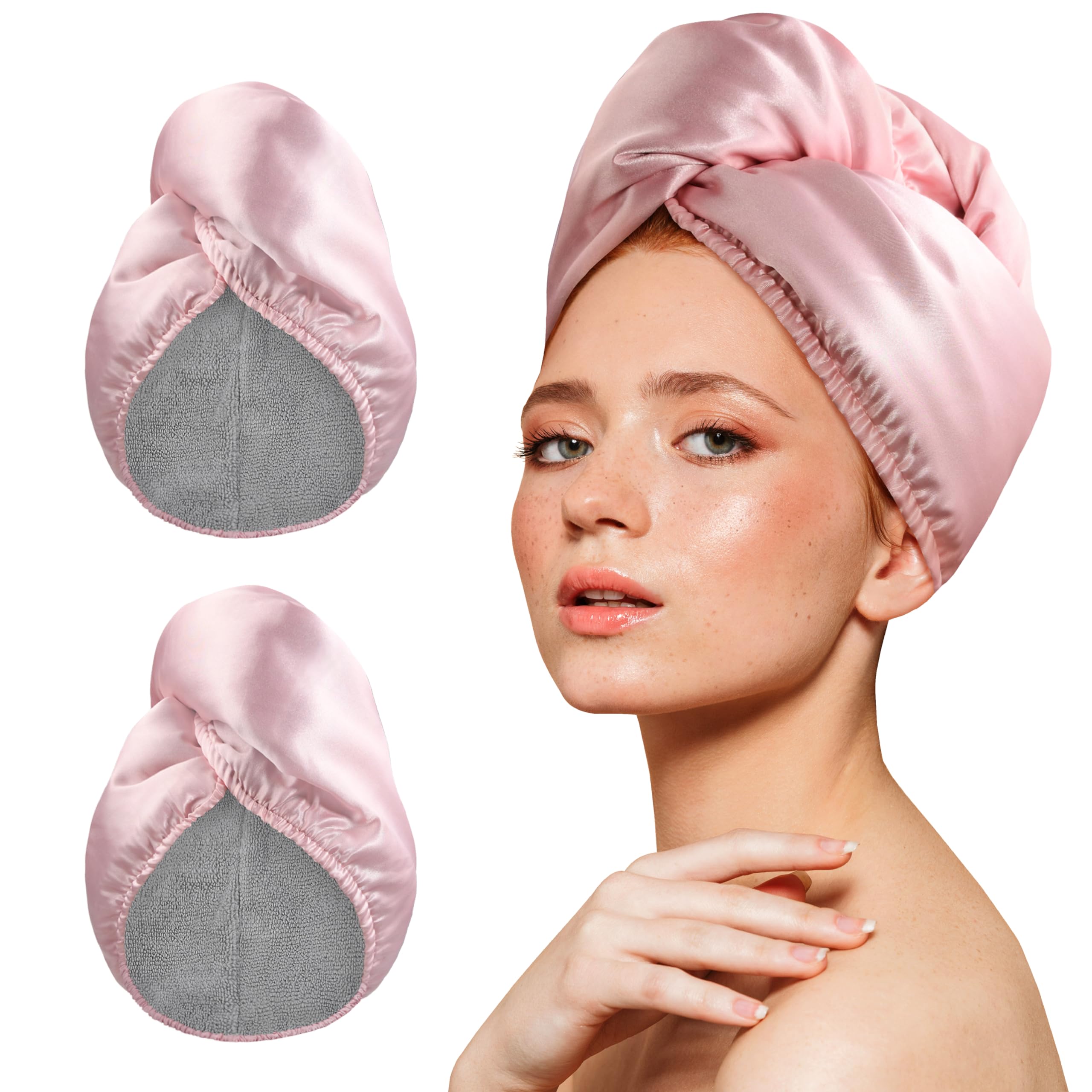 YoulerTex Microfiber Hair Towel Wrap Turban 2-Pack - Ultra Absorbent Quick Dry Hair Towels for Women with Curly, Long & Wet Hair - Anti-Frizz Plopping Hair Towel for Post Shower & Styling (Pink/Silver-White) - Perfect for Home, Salon & Travel Use