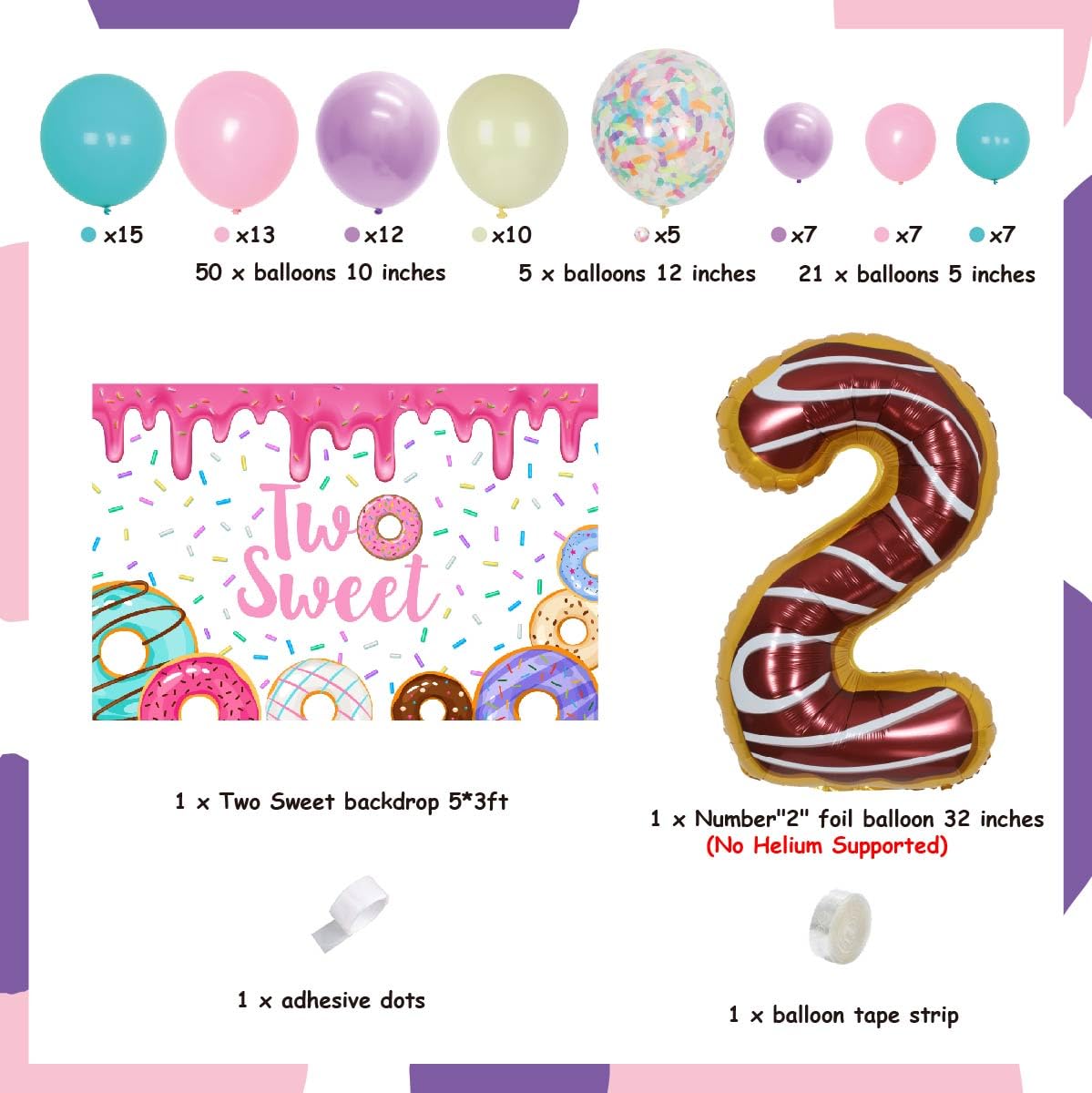 Donut Themed 2nd Birthday Party Decorations for Girls - Sweet Macaron Balloon Garland Kit with 5x3ft Backdrop & Number 2 Foil Balloon | Perfect for Baby Girl's Birthday, First Birthday, Donut Party & Photo Booth Decor