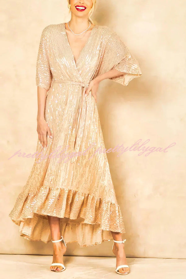 Elegant Solid Color Sequined V-Neck Waist Tie Loose Maxi Dress for Women - Perfect for Evening Parties, Weddings & Special Occasions