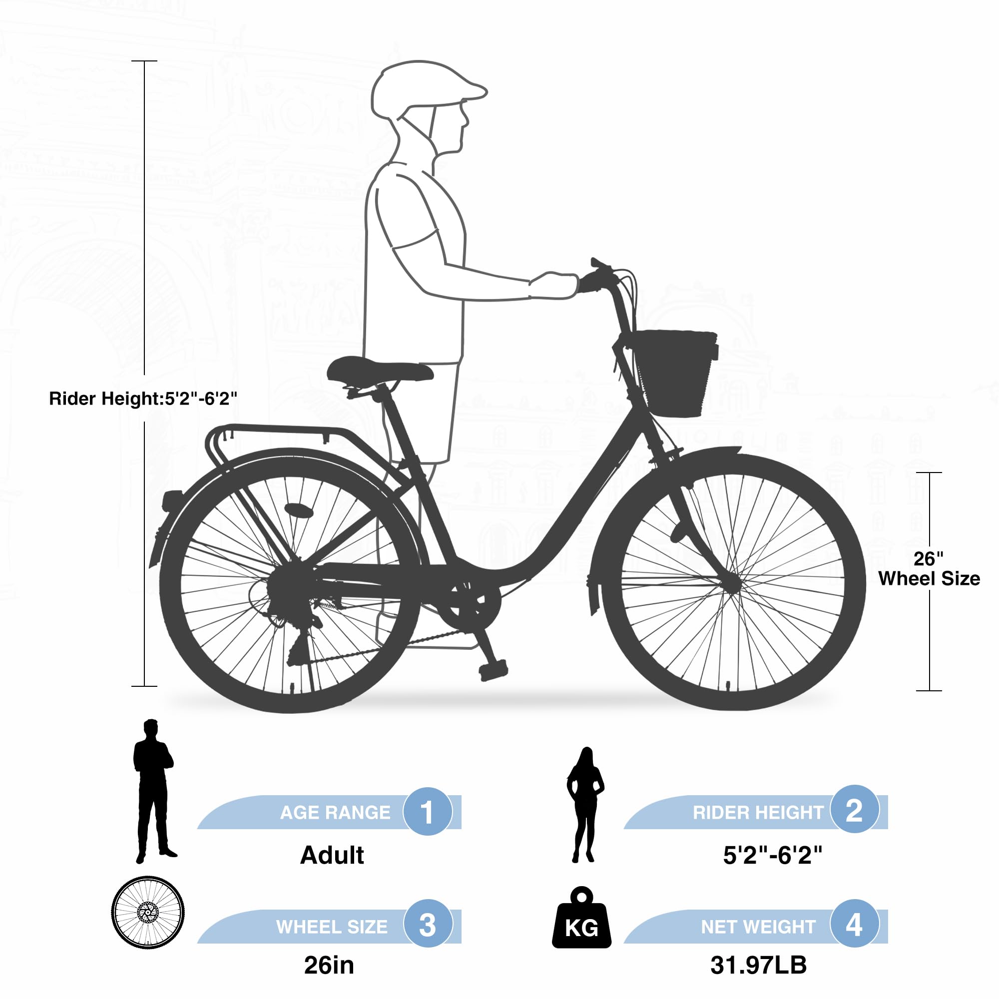 22/26 Inch Women's Beach Cruiser Bike - 7-Speed Hybrid City Bicycle for Women & Men - Commuter Bike for Adults - 4 Color Options - Perfect for Beach Rides, City Commuting & Leisure Cycling