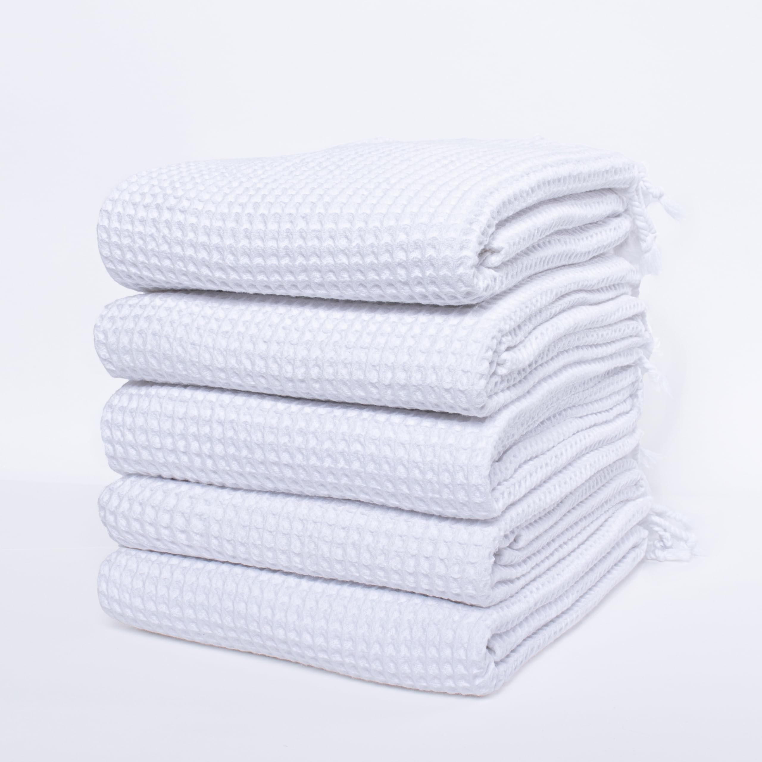 Premium Thin Turkish Bath Towels - Ultra Soft Organic Cotton Waffle Weave (67x33 Inches, Pack of 5, White) | Spa, Beach, Gym & Luxury Home Use