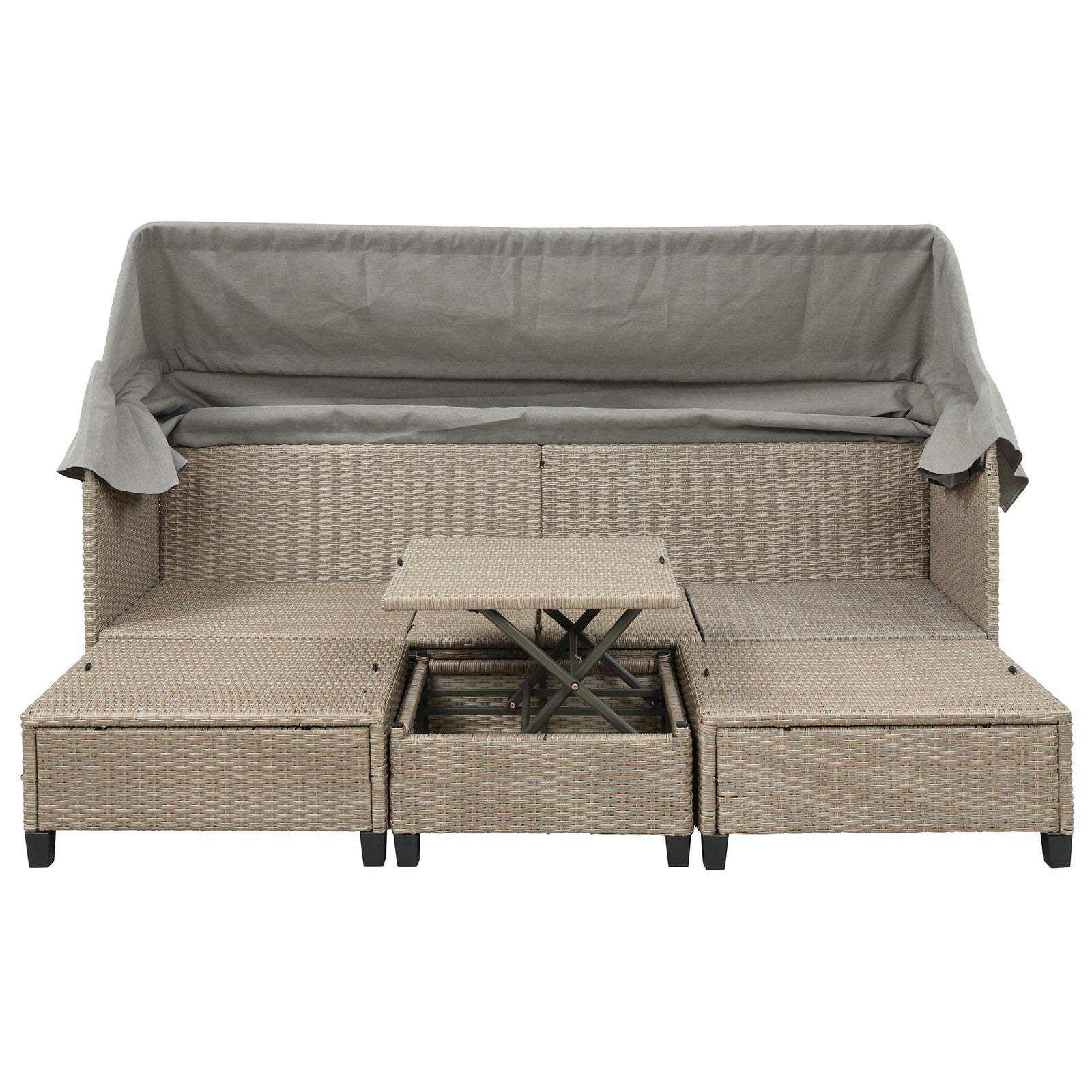 4-Piece Outdoor Patio Furniture Set with Retractable Canopy - All-Weather Wicker Sofa Set with Soft Cushions & Lift-Top Coffee Table - Perfect for Garden, Backyard, Poolside & Deck Relaxation (Brown)