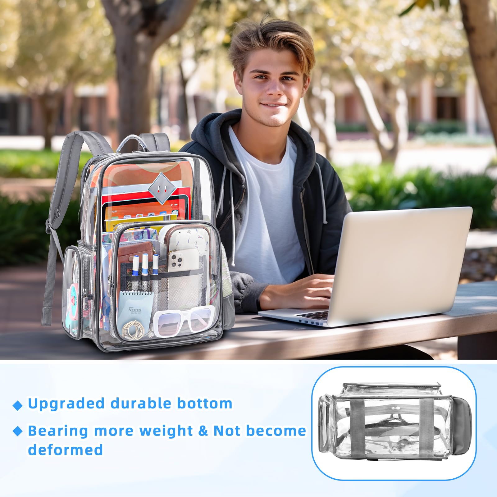 Large Clear Backpack for Men & Women - Heavy Duty PVC Transparent Bookbag, Stadium Approved See-Through Backpack Fits 16 Inch Laptop for School, Work & Travel (Gray) - Perfect for School Security Checks, Concerts, Airports and Office Commutes