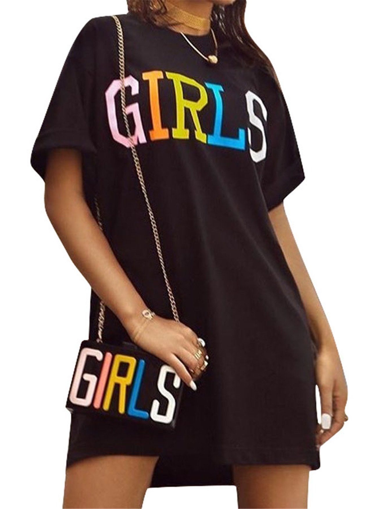 Vintage Style Women's Short Sleeve Letter Print Black T-Shirt Tunic Top - Casual Basic Tee Blouse Dress for Everyday Wear, Outfits & Street Fashion