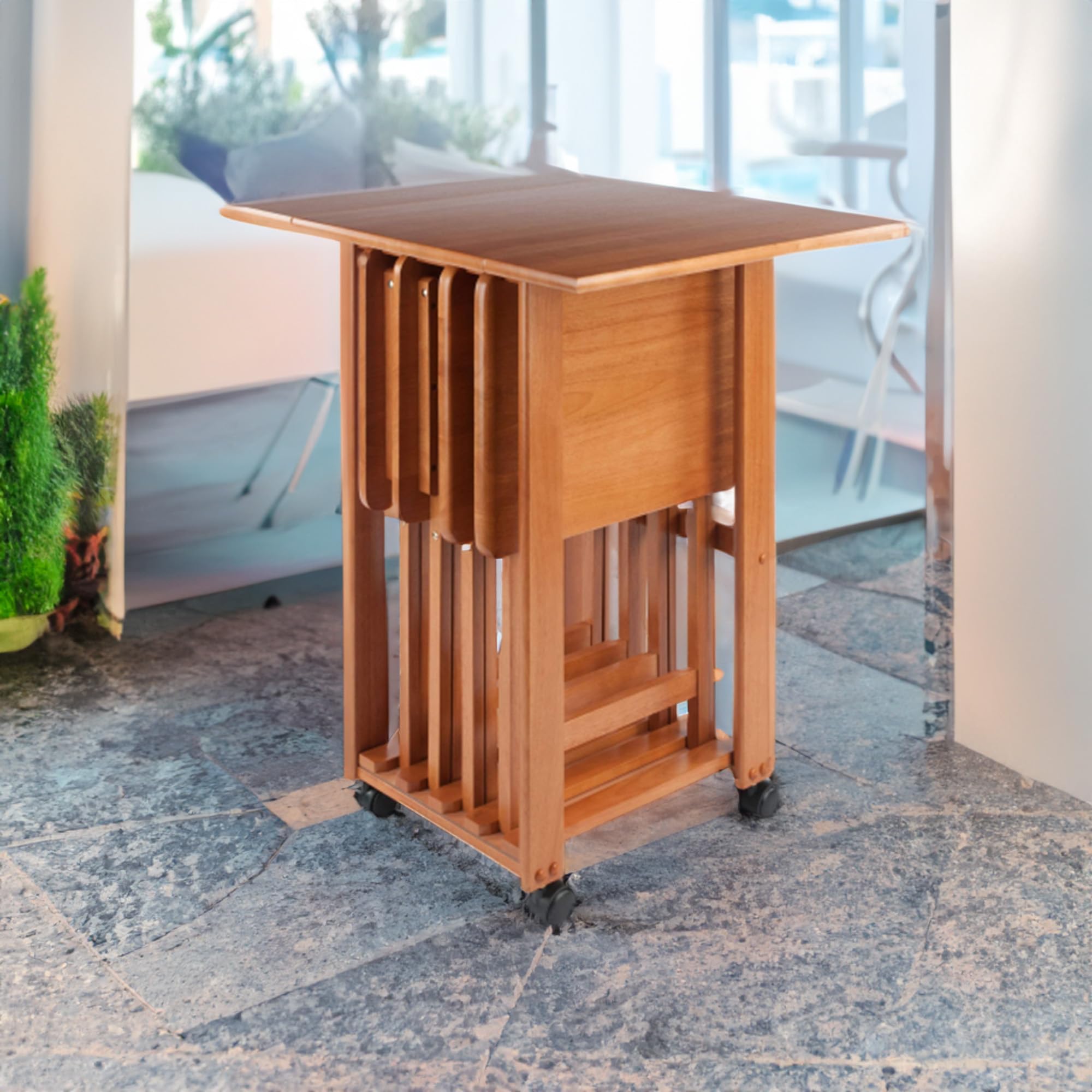 5-Piece Oversize Teak Wooden Snack Table Set - Foldable Rectangular Tray Tables for Living Room, Patio, Beach - Perfect for Snacks, Beverages, Books & Home Decor